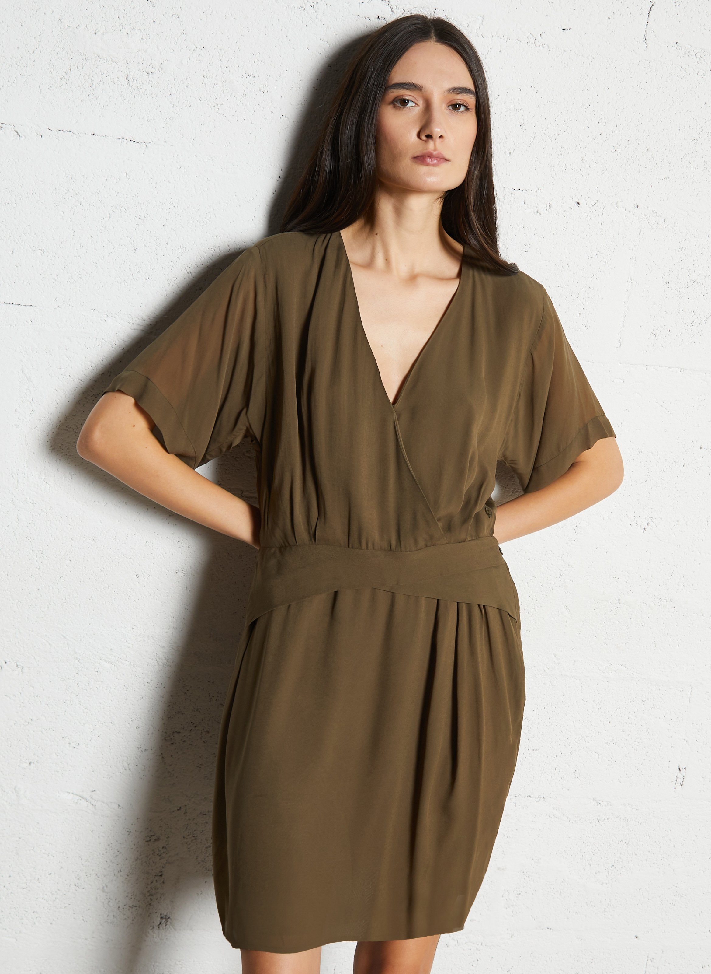 Korte jurk met V-hals IKKS Khaki