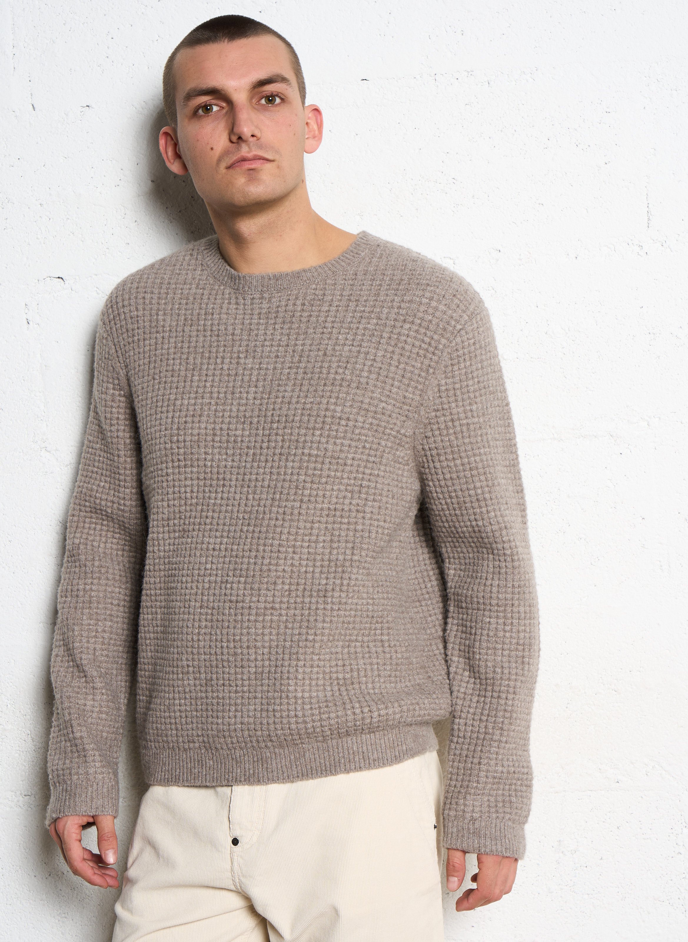 Pull droit col rond en maille fantaisie IKKS Beige