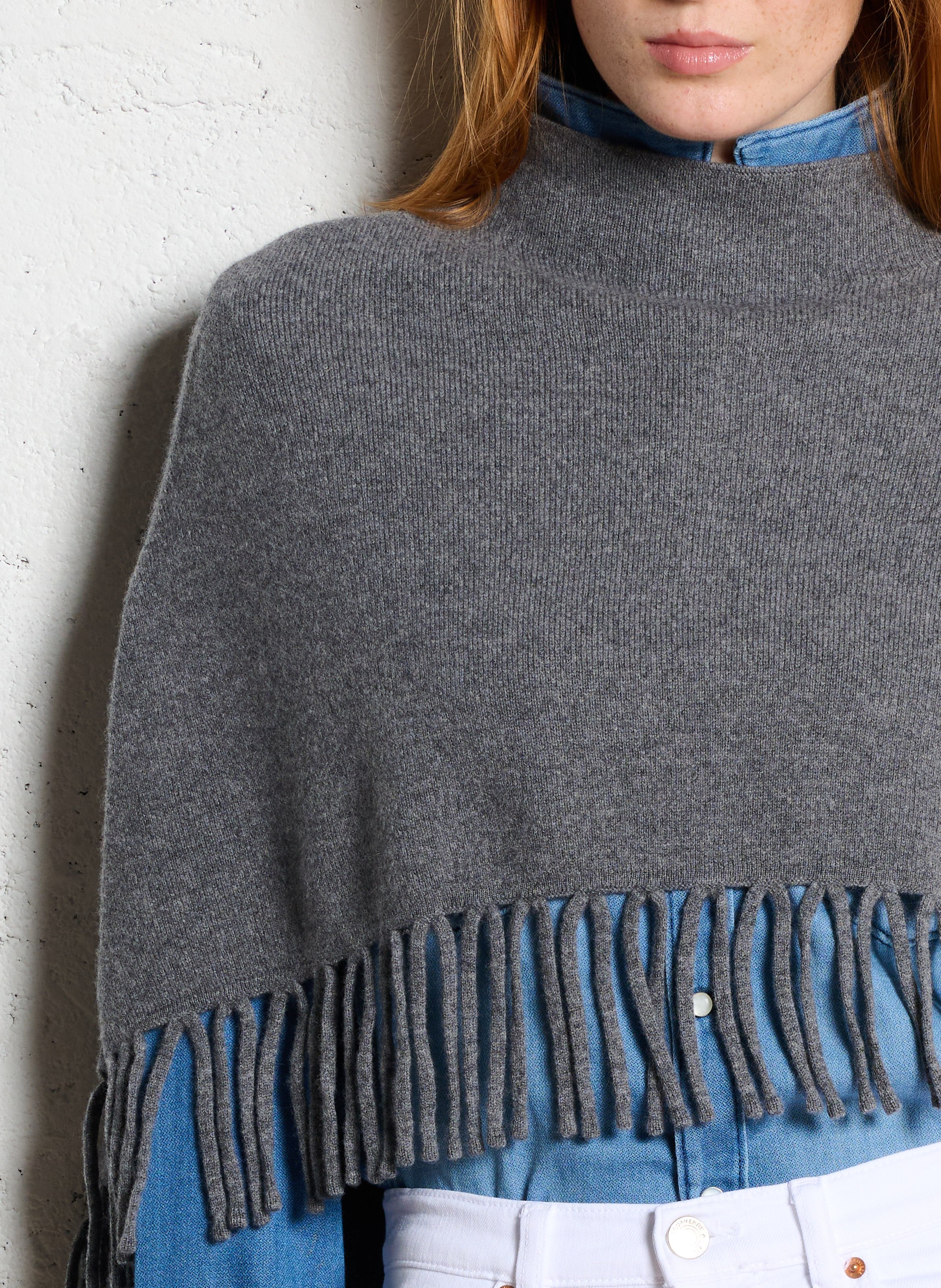 Weiter Wollponcho mit Fransen BERENICE Grau