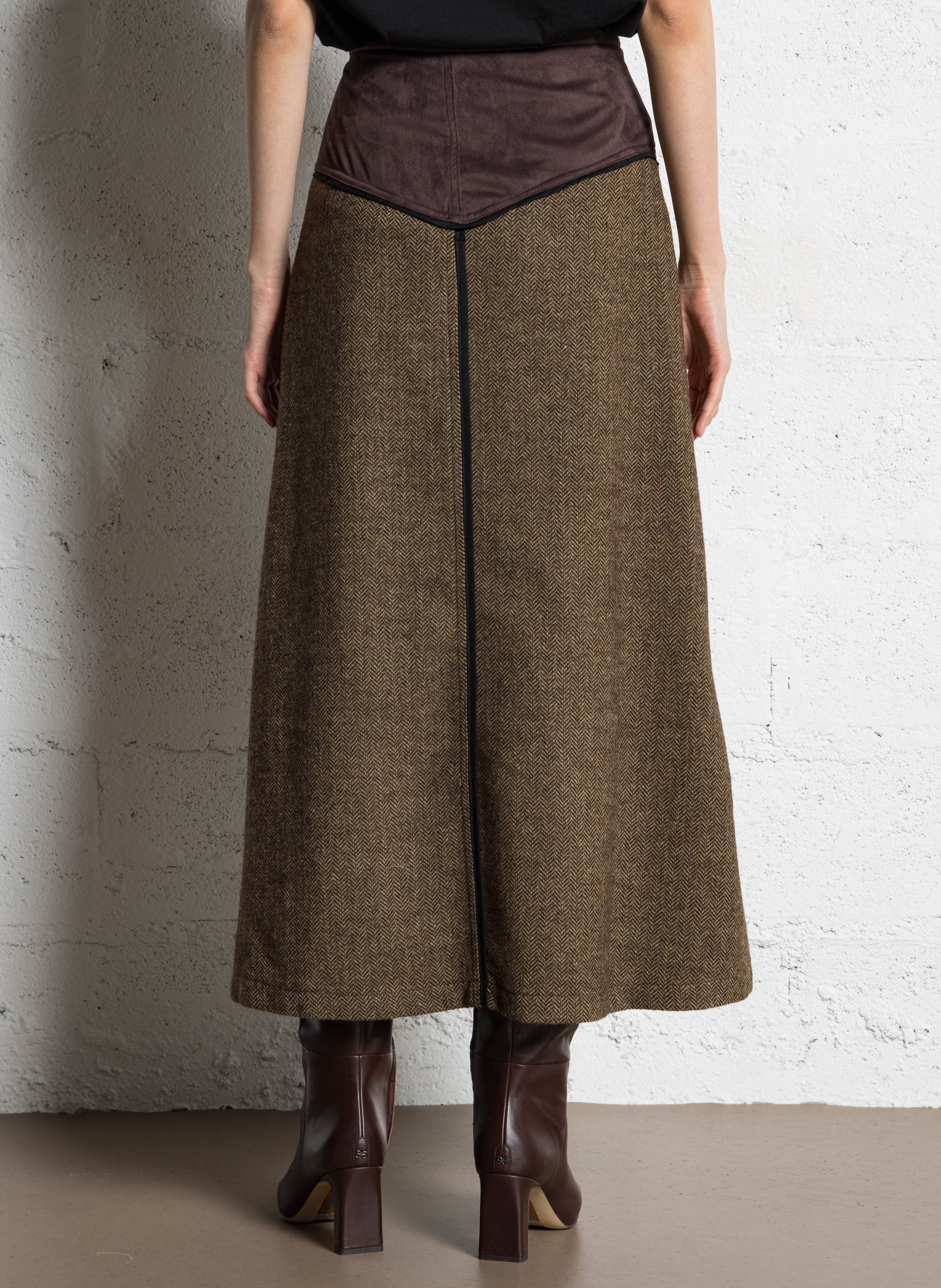 Jupe midi évasée en laine mélangée Vert