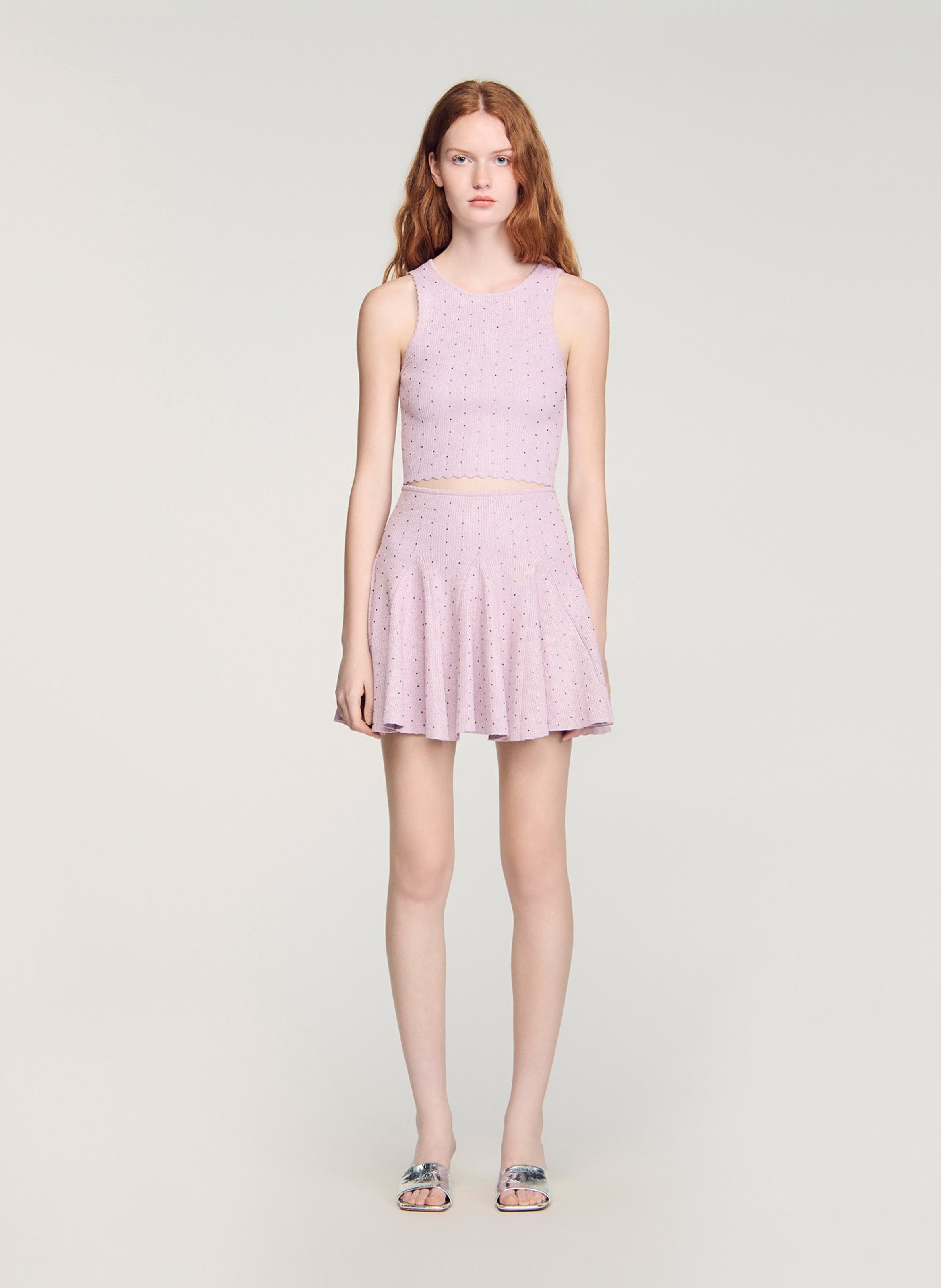 Top ajusté col rond en maille strassée SANDRO Violet