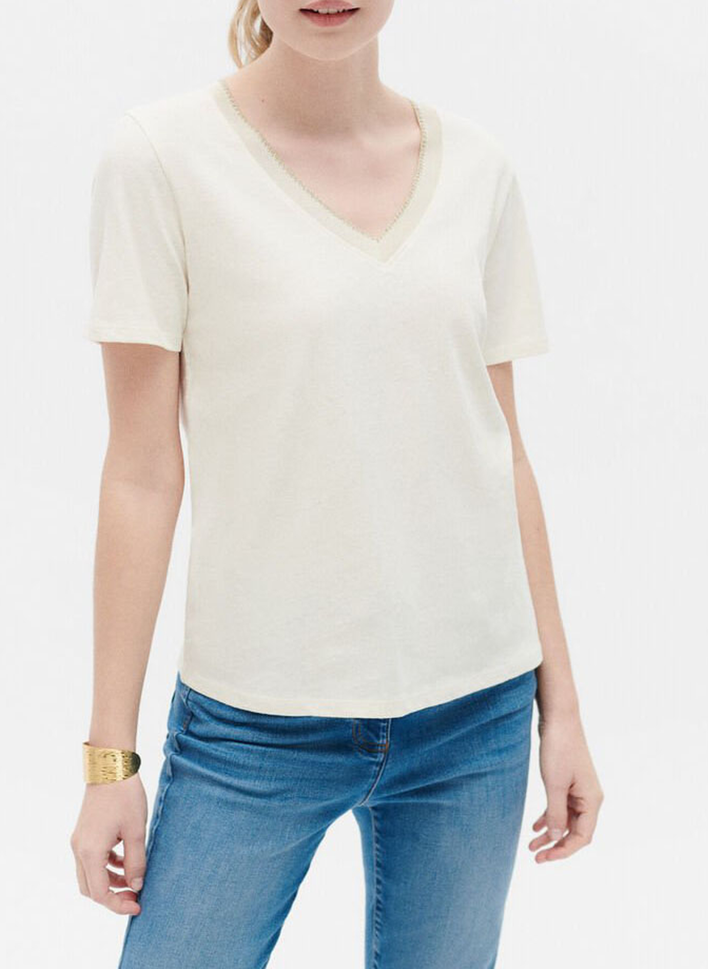 Straight cotton-blend V-neck T-shirt CAROLL Beige