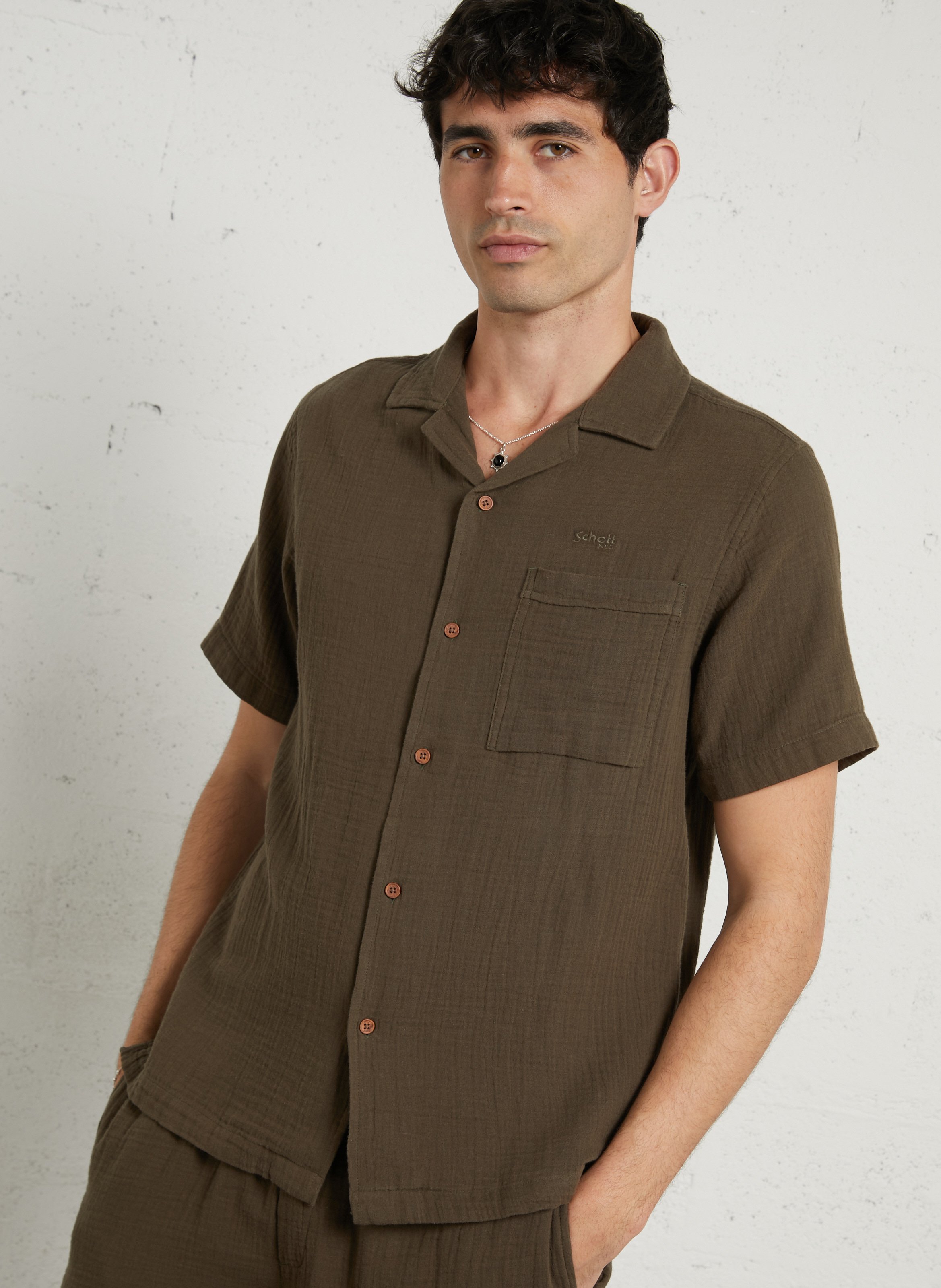 Chemise droite en coton SCHOTT Kaki