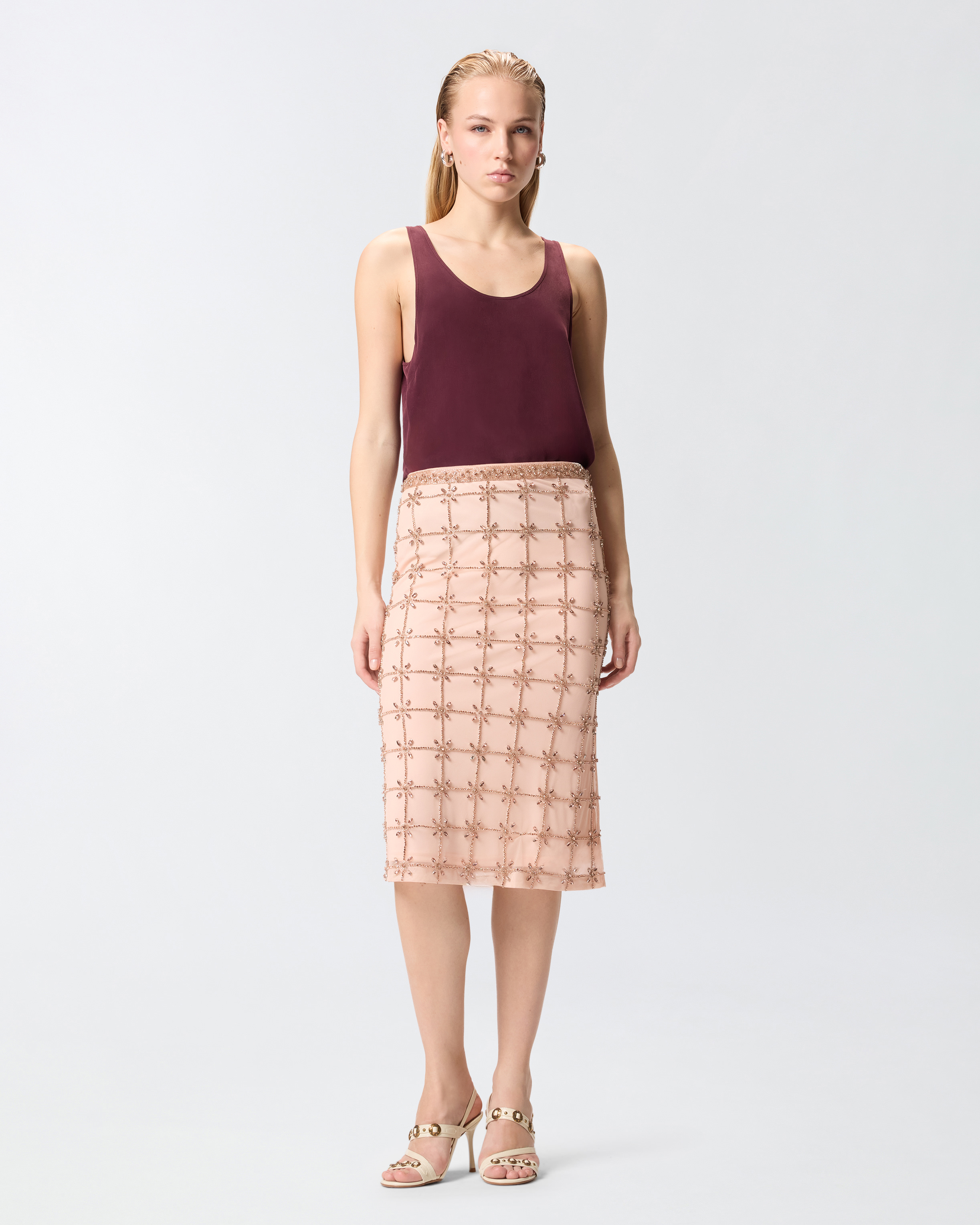 Midi-length tulle skirt with crystals PINKO Multicolored