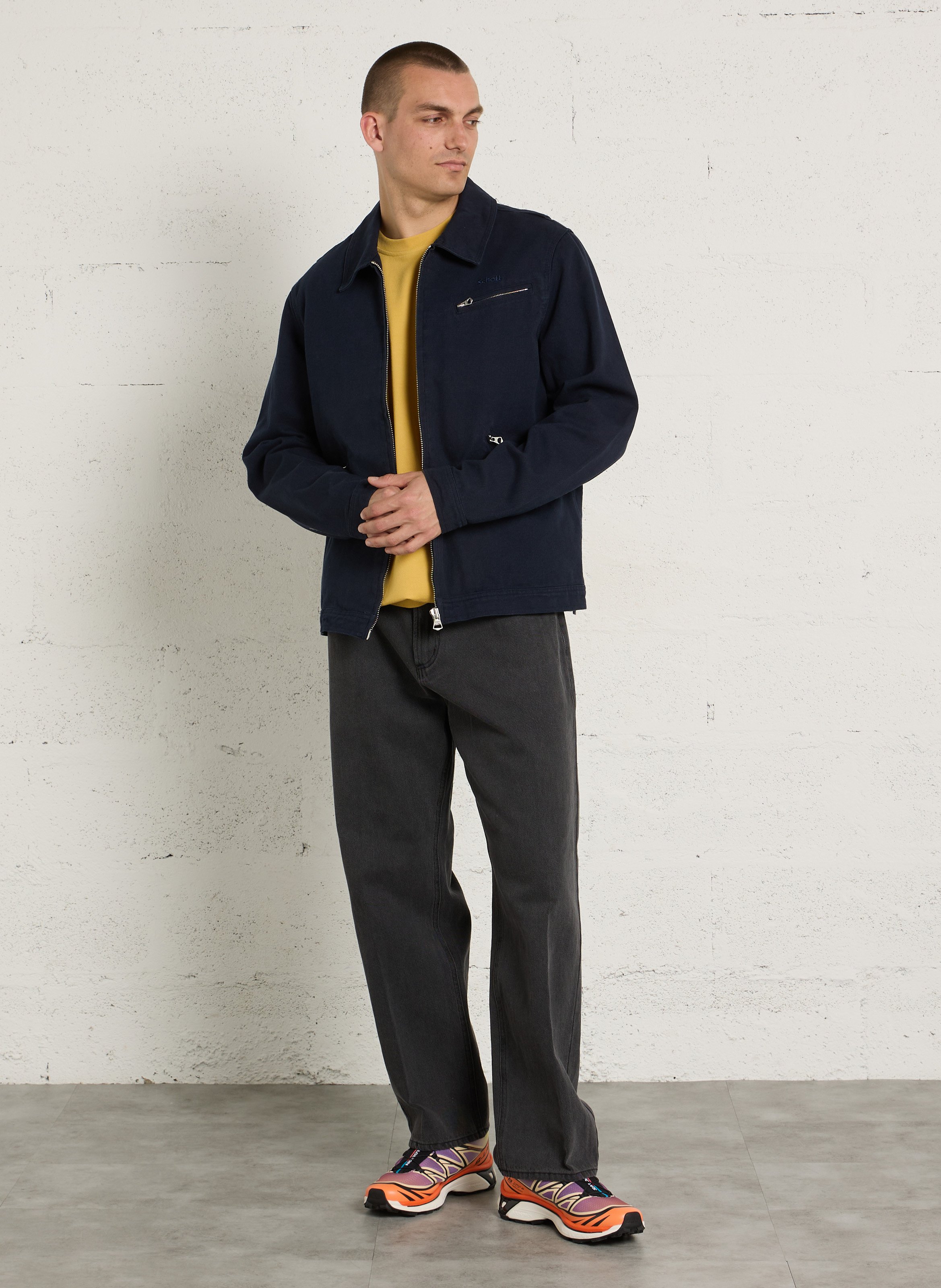 Blouson droit zippé uni en coton SCHOTT Bleu