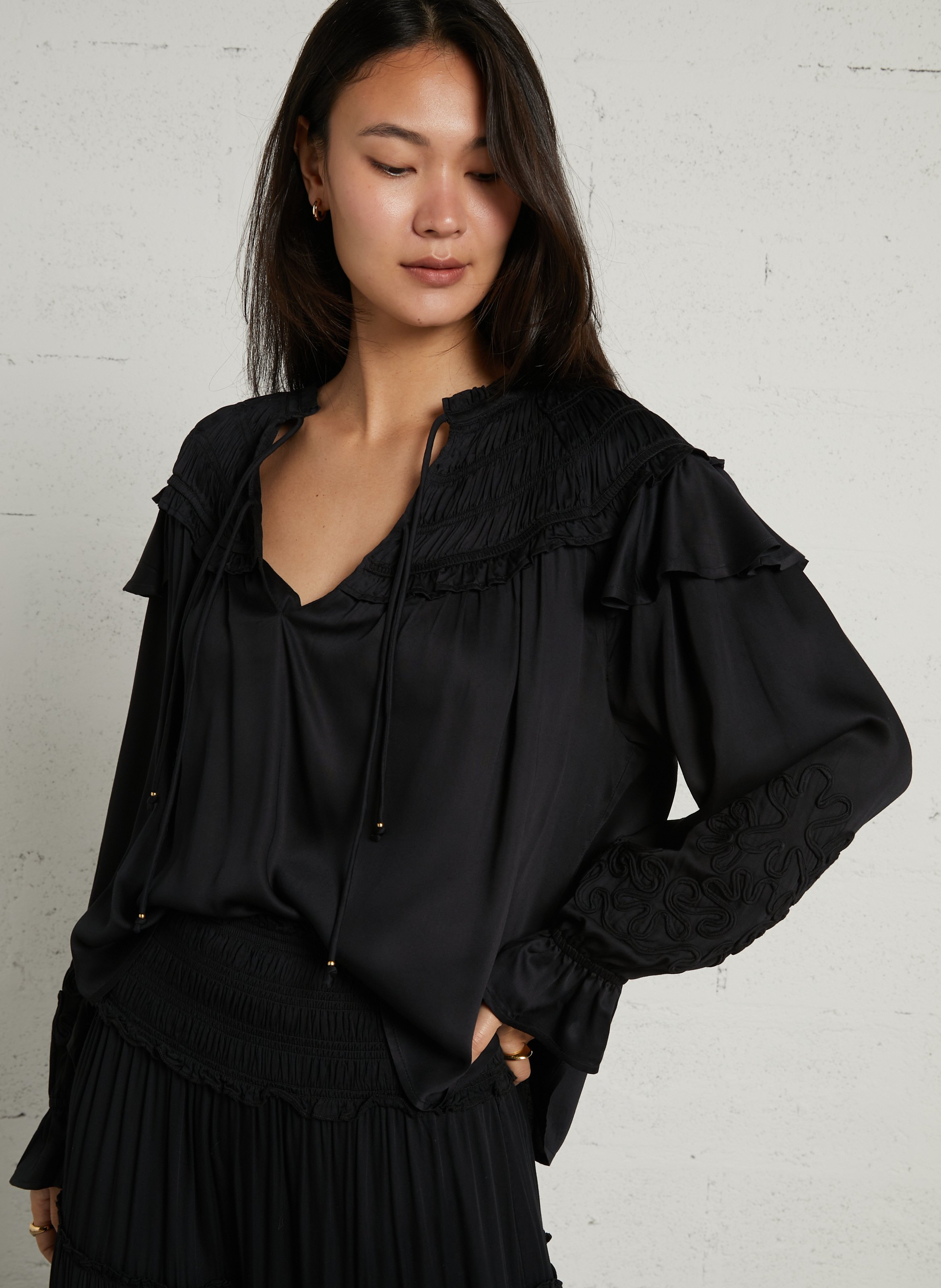 Oversized round neck satin top LOUISE MISHA Black