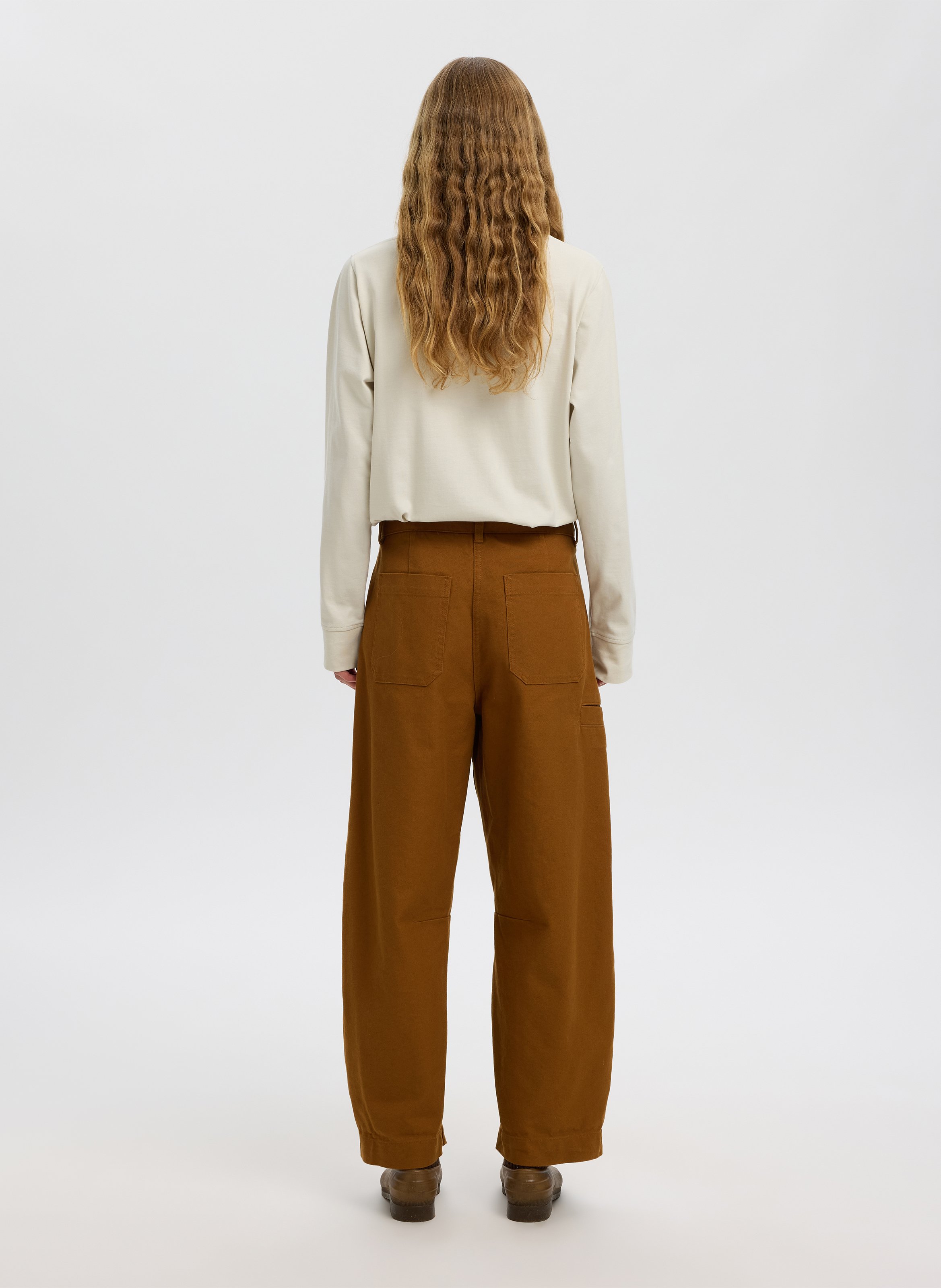 Wide-leg trousers in cotton and linen SELECTED Brown