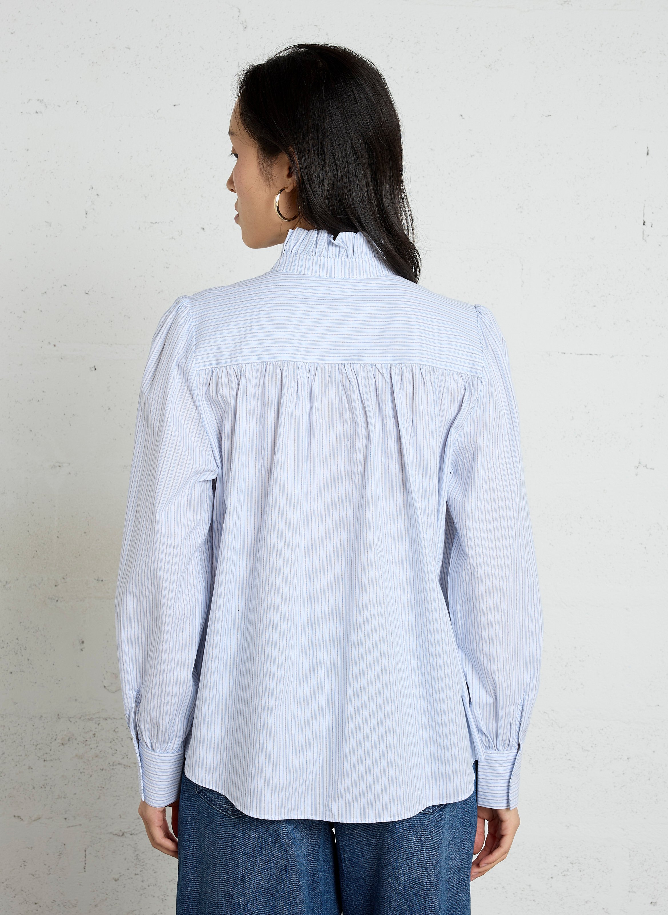 Chemise rayée col à volants en coton SUD EXPRESS Bleu