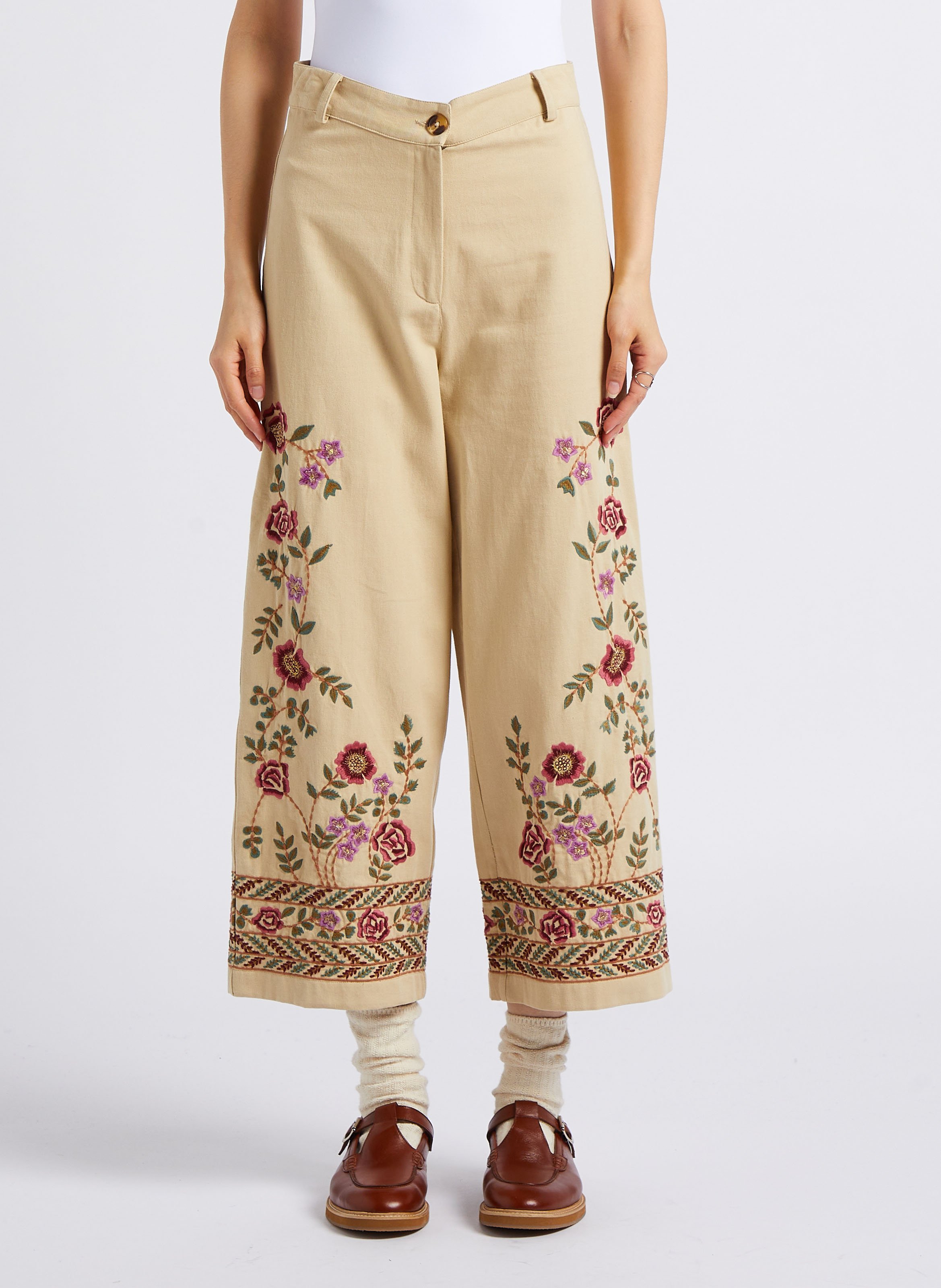 Pantalon large taille haute brodé en coton bio LOUISE MISHA Marron