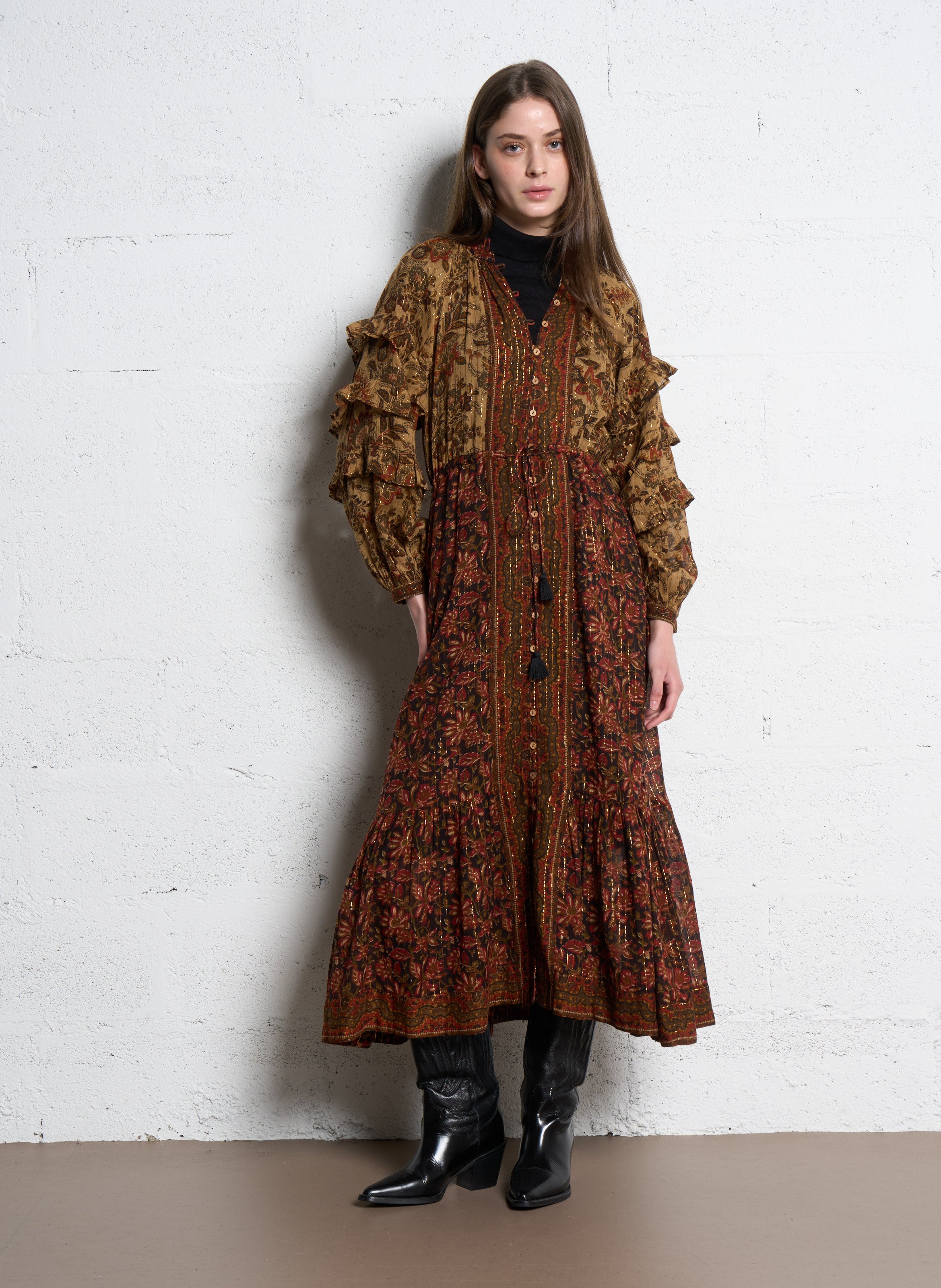 Flared long cotton-blend dress MAISON HOTEL Orange