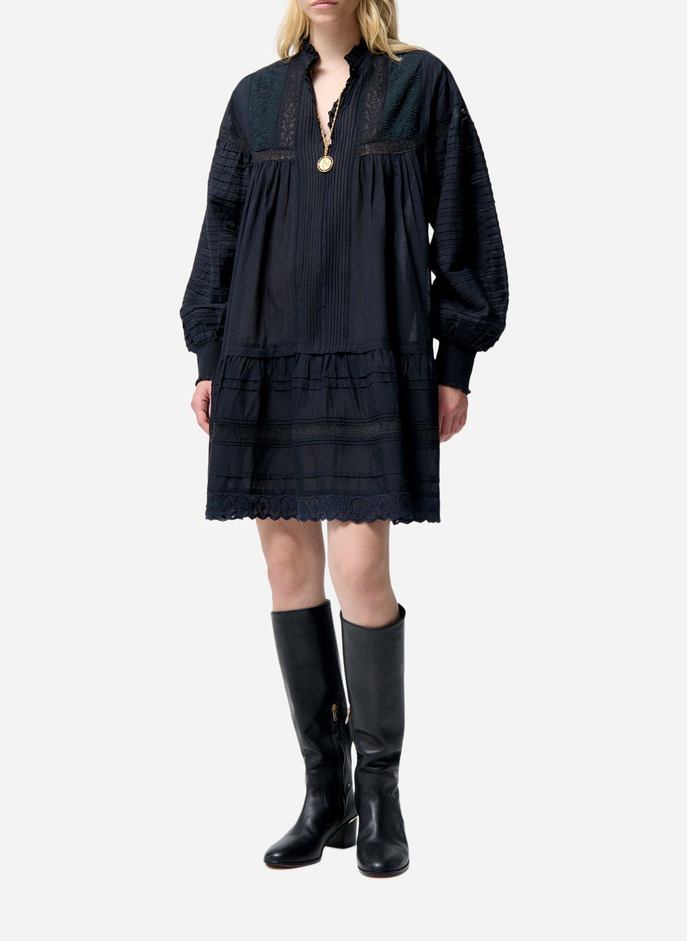 Korte A-lijn jurk met borduurwerk van katoenmix VANESSA BRUNO Zwart