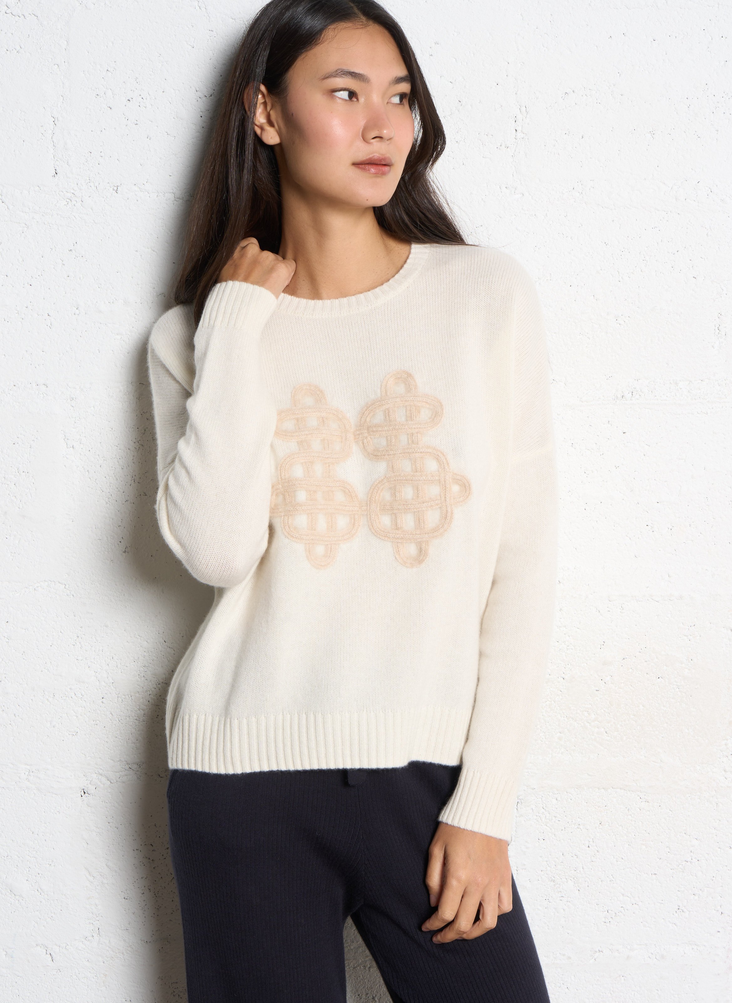 Pull ample col rond brodé en cachemire KUJTEN Beige