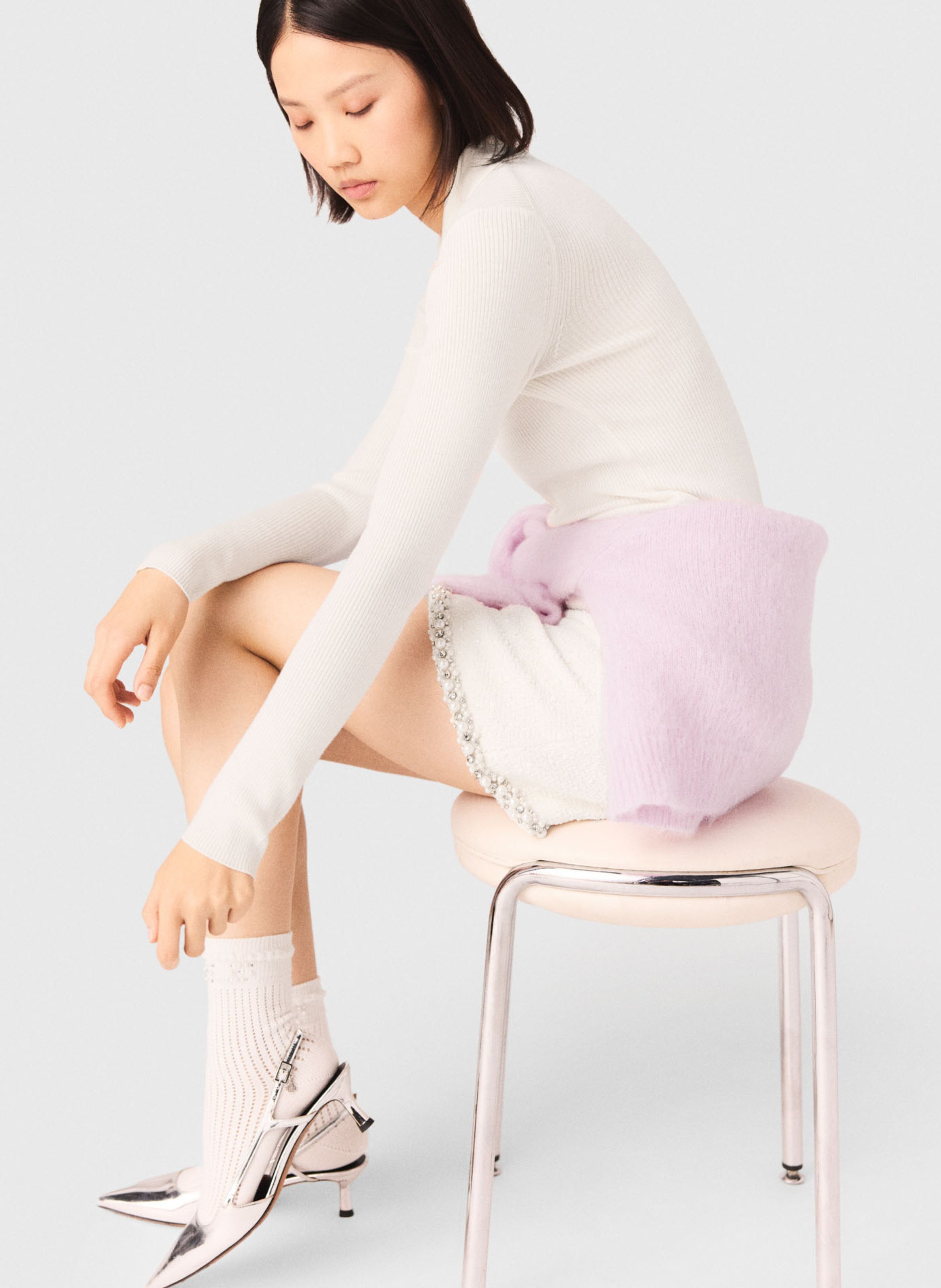 Pull col polo en laine et soie MAJE Beige