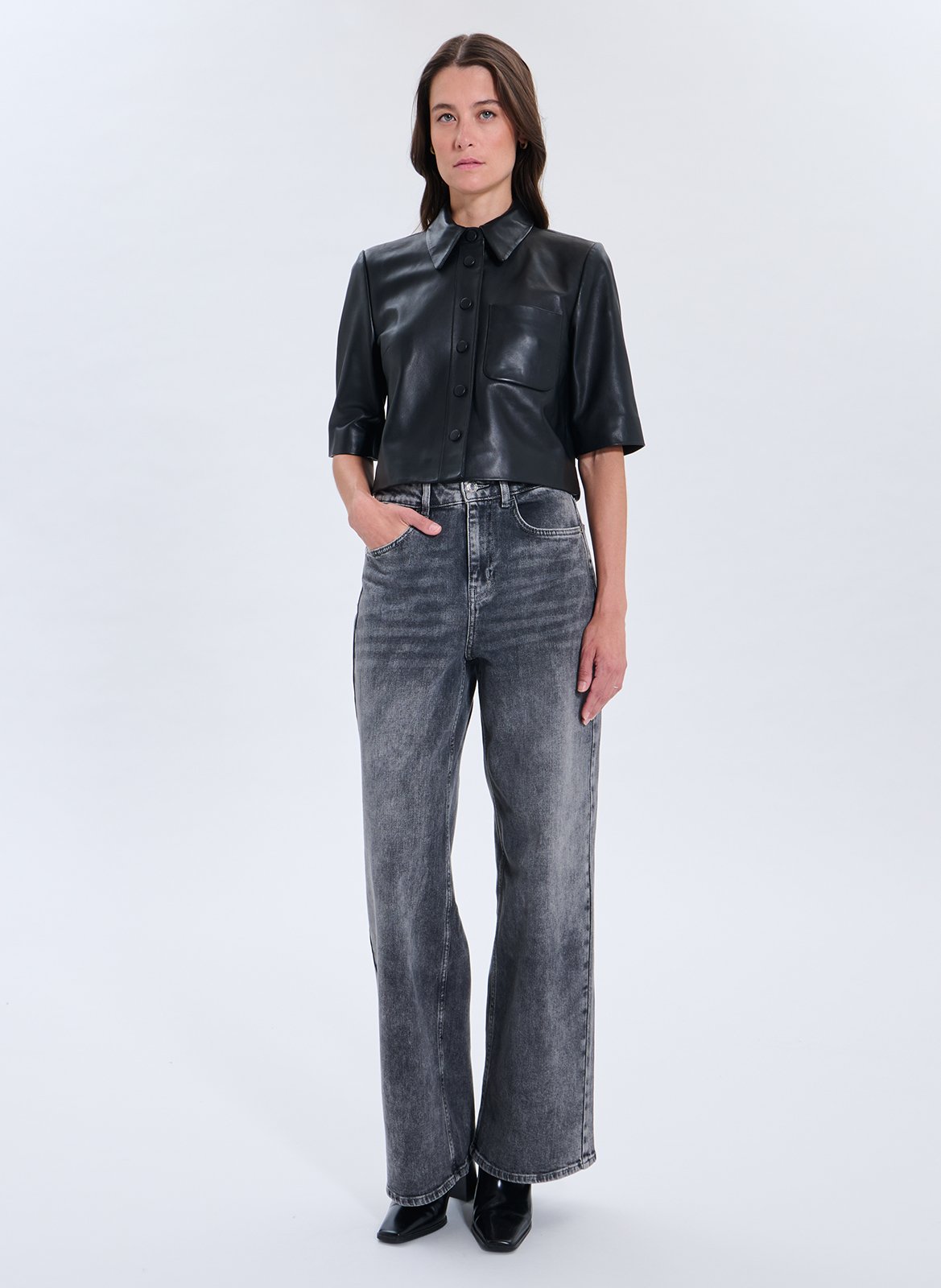 Short button-up leather shirt ZAPA Black