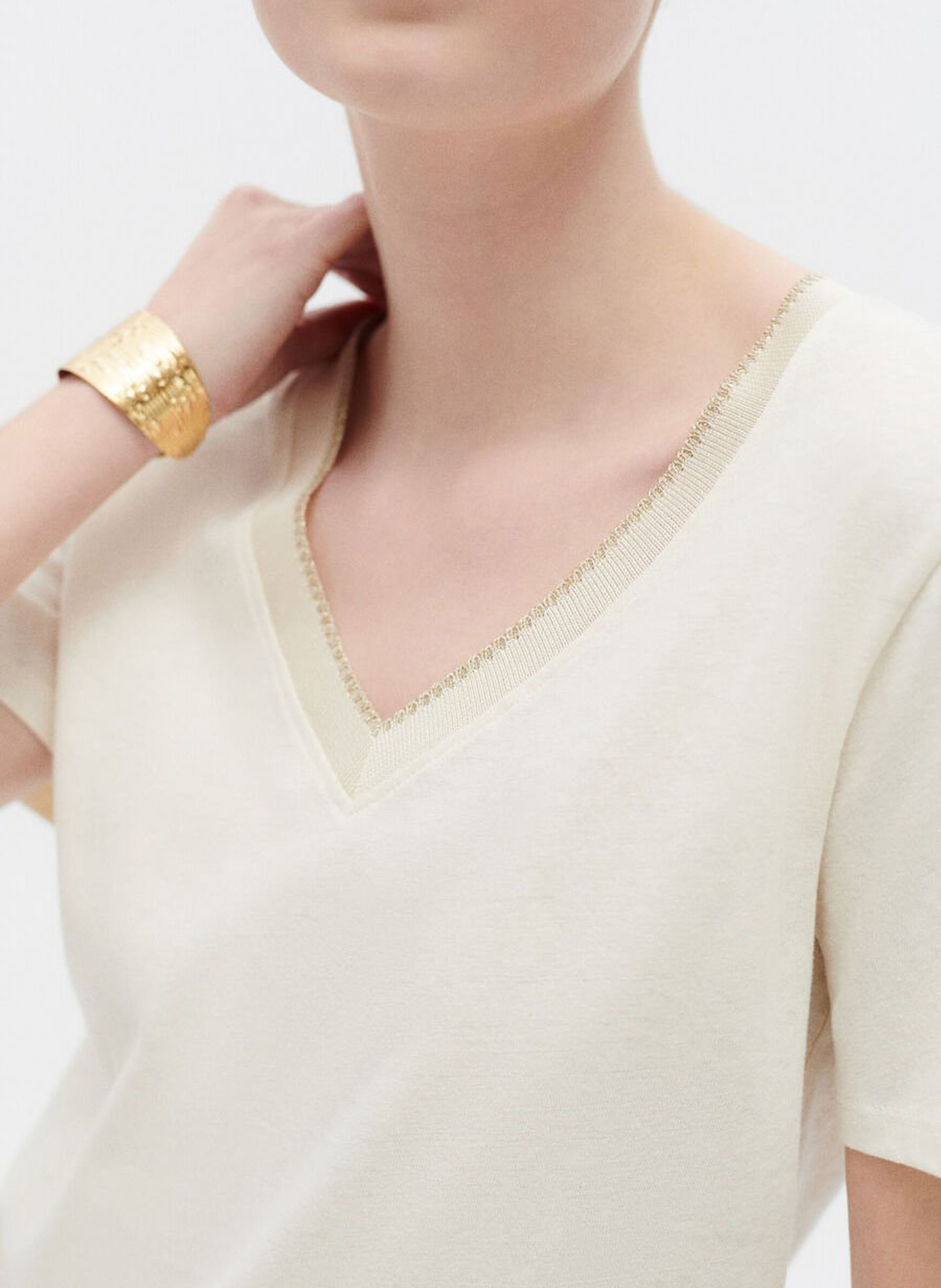 Straight cotton-blend V-neck T-shirt CAROLL Beige