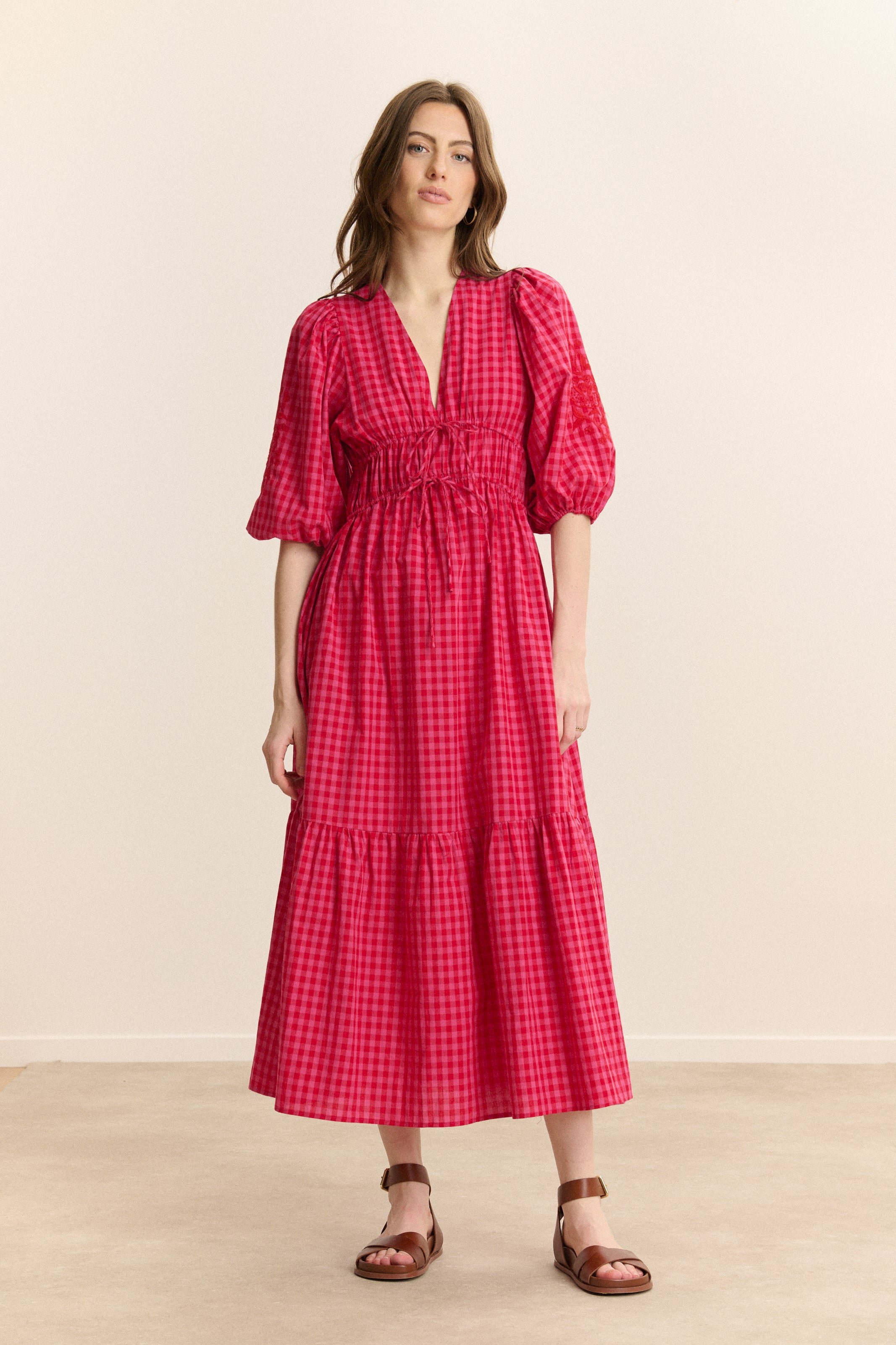 Midi checkered dress with 3/4 sleeves GARANCE PARIS Pink