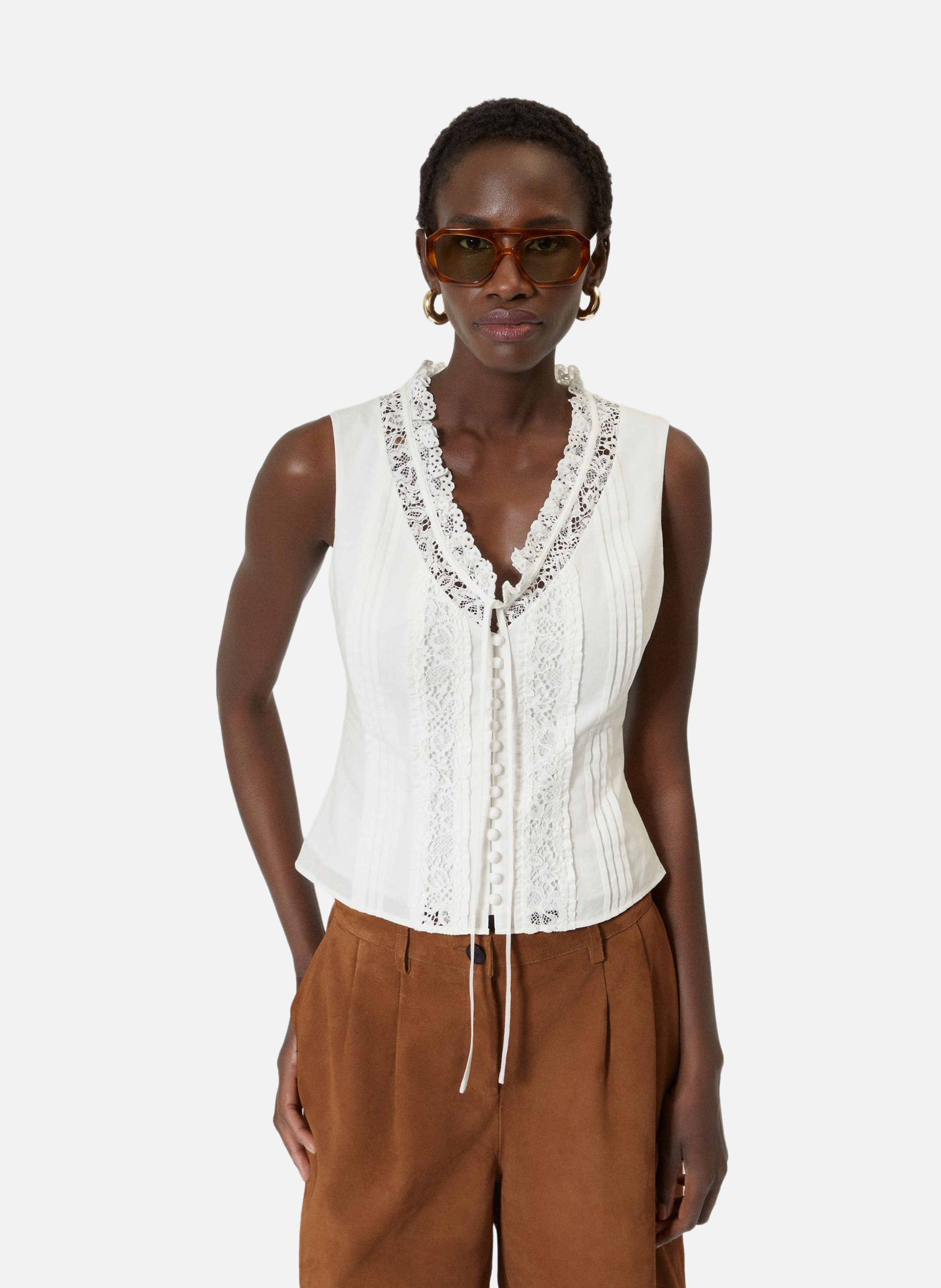 Top en coton avec incrustation dentelle THE KOOPLES Beige