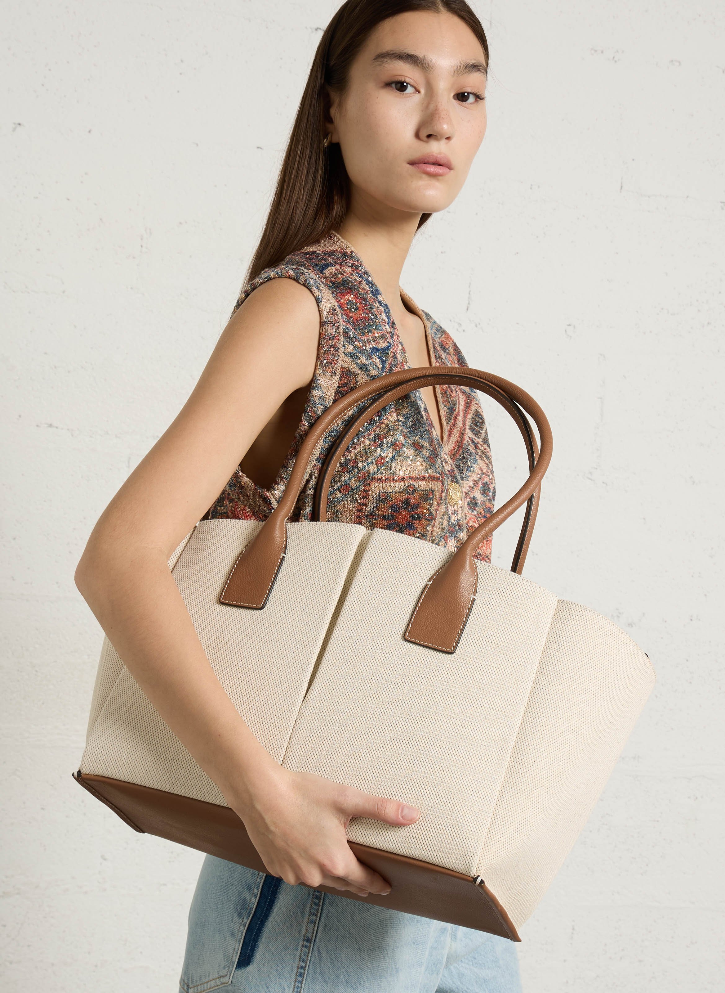 Large tote bag in canvas and grained leather LE TANNEUR Beige