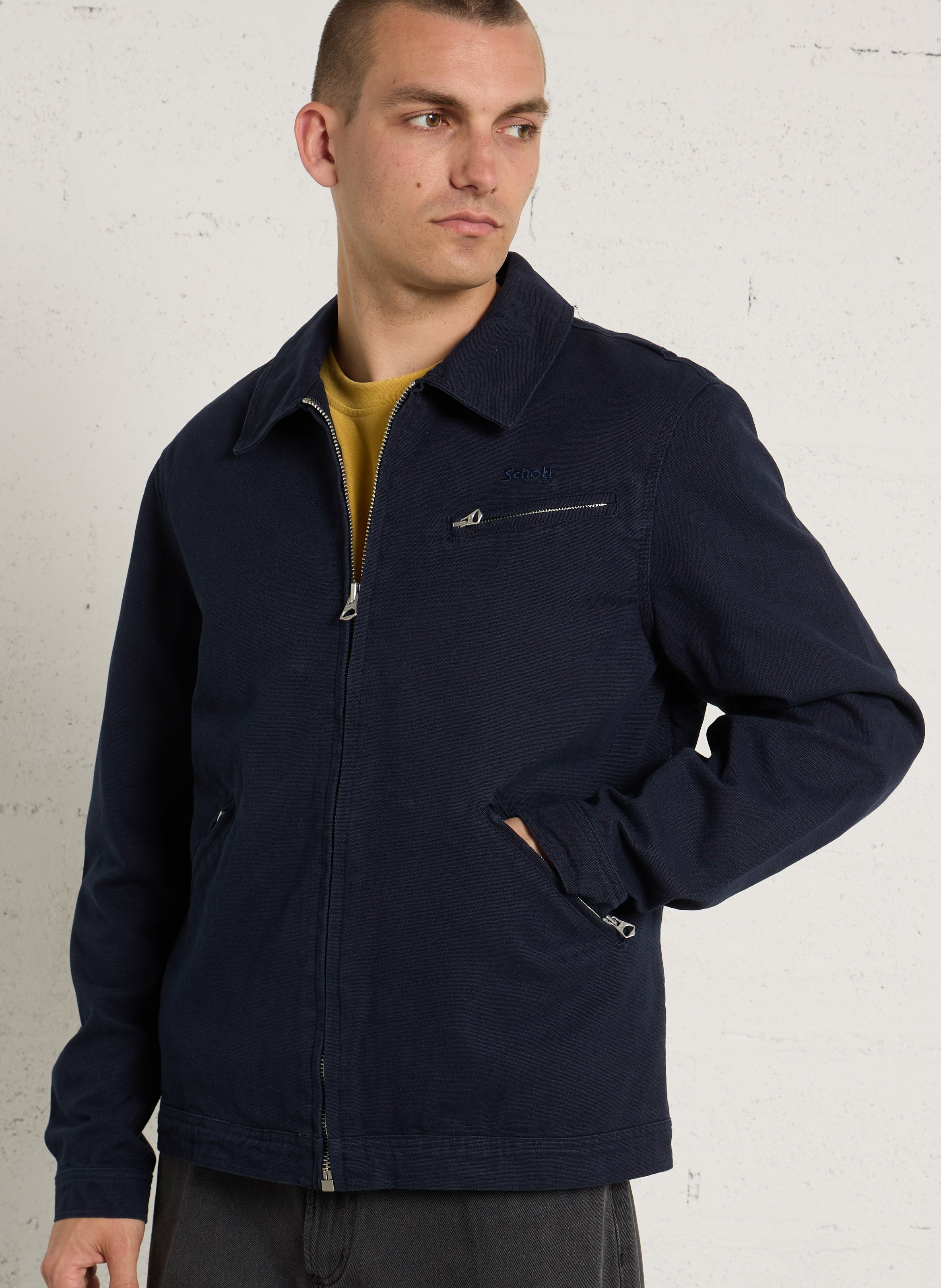 Blouson droit zippé uni en coton SCHOTT Bleu