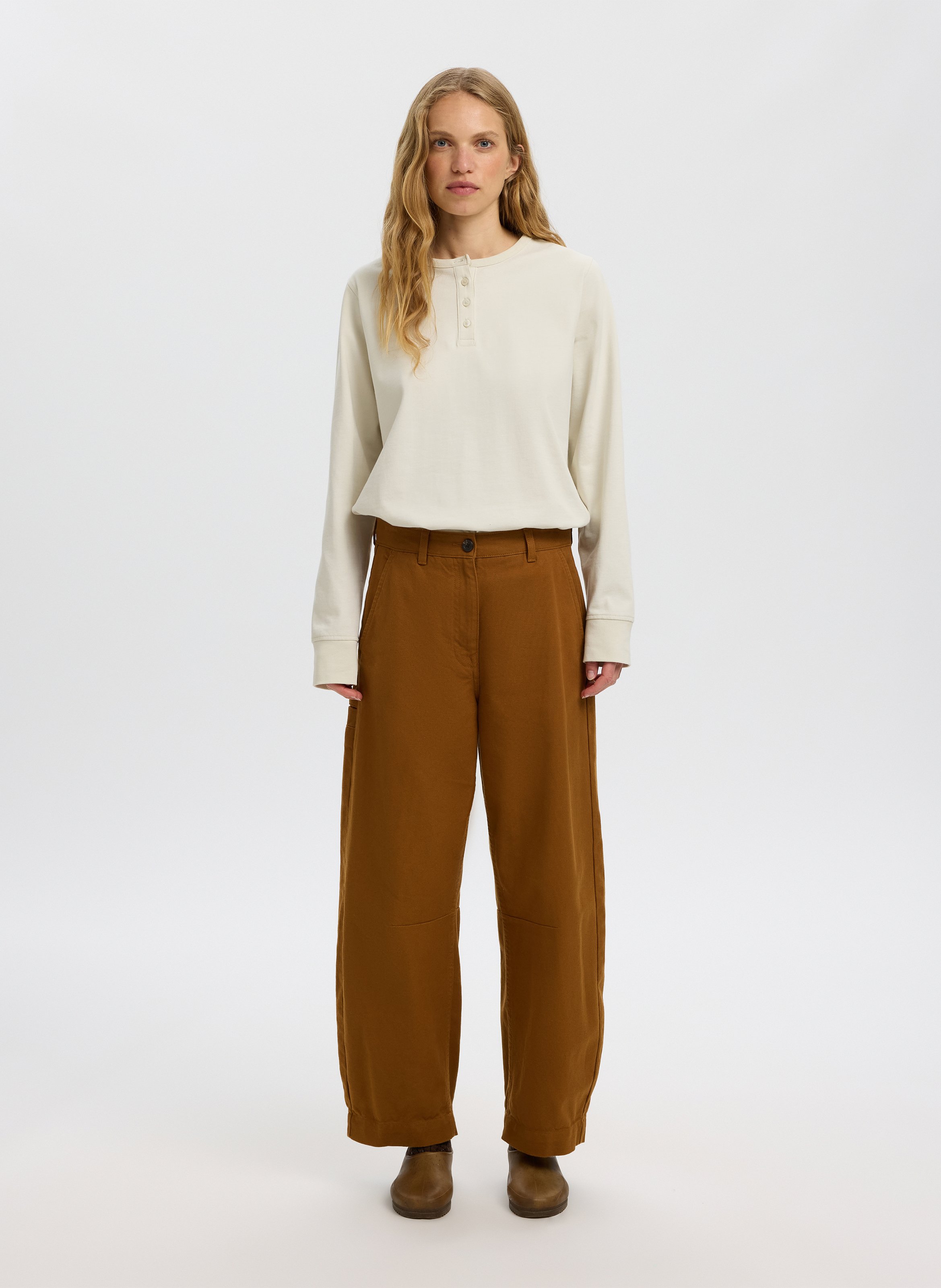 Wide-leg trousers in cotton and linen SELECTED Brown