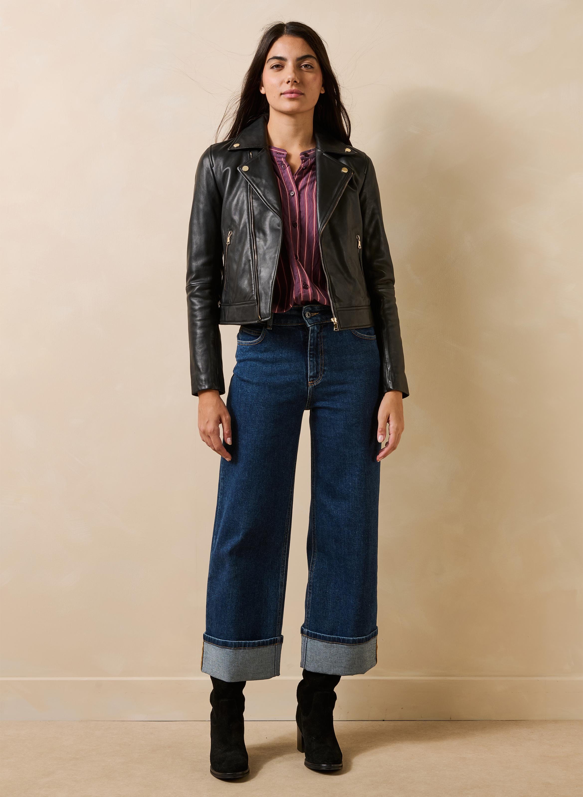 Blouson col tailleur en cuir  LA FEE MARABOUTEE Noir
