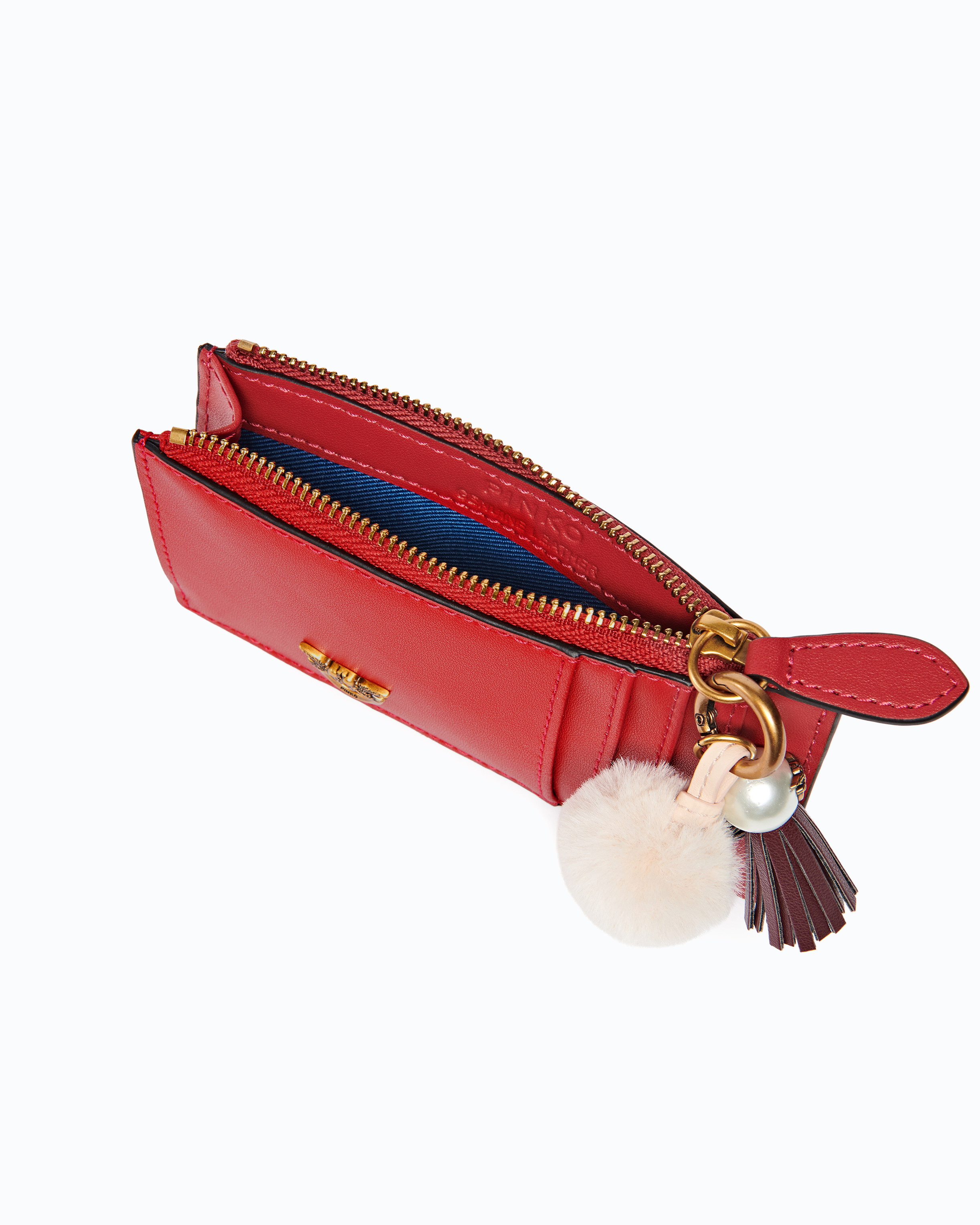 Leather card holder with pompom and tassel PINKO Multicolored