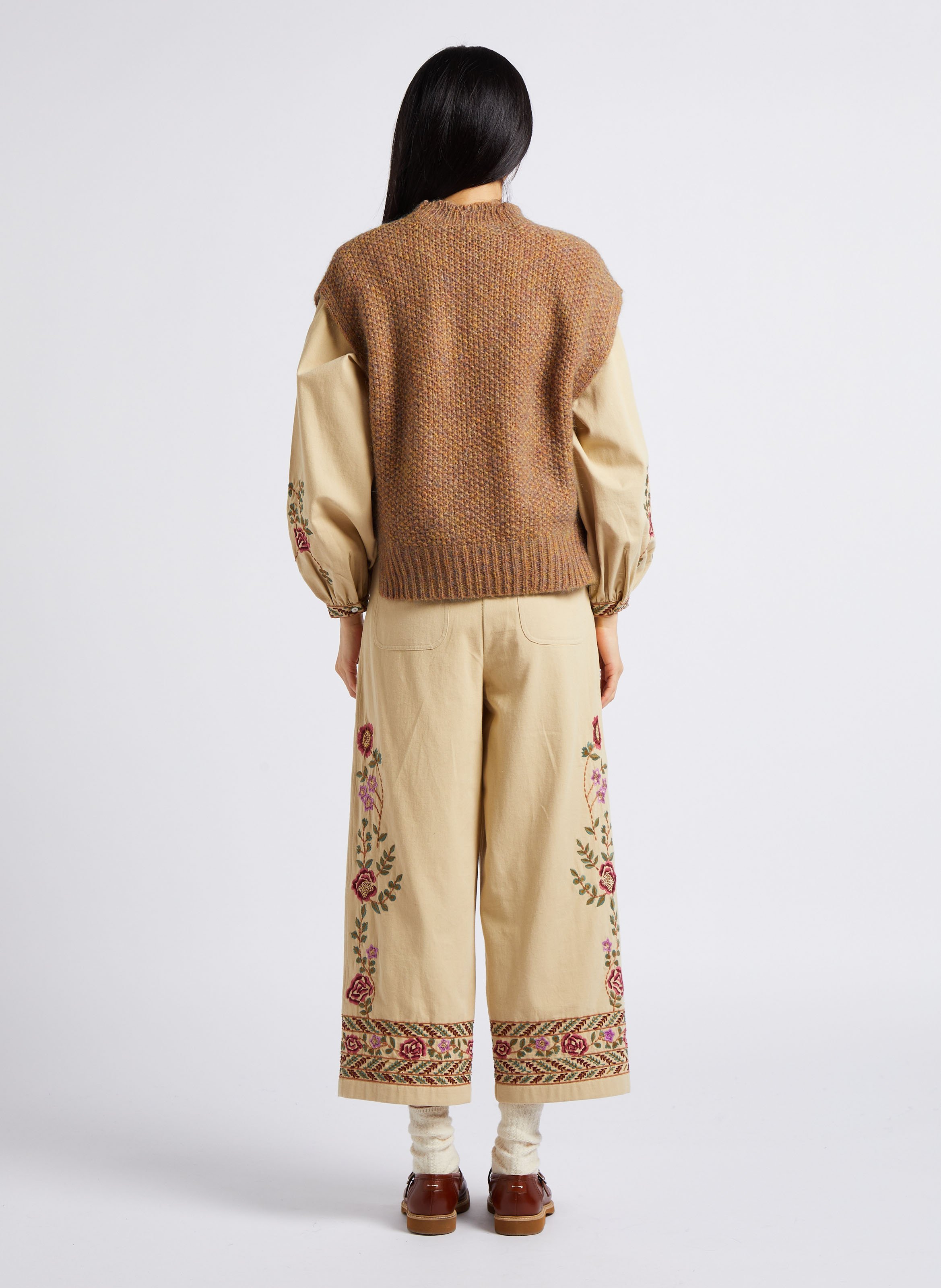 Pantalon large taille haute brodé en coton bio LOUISE MISHA Marron