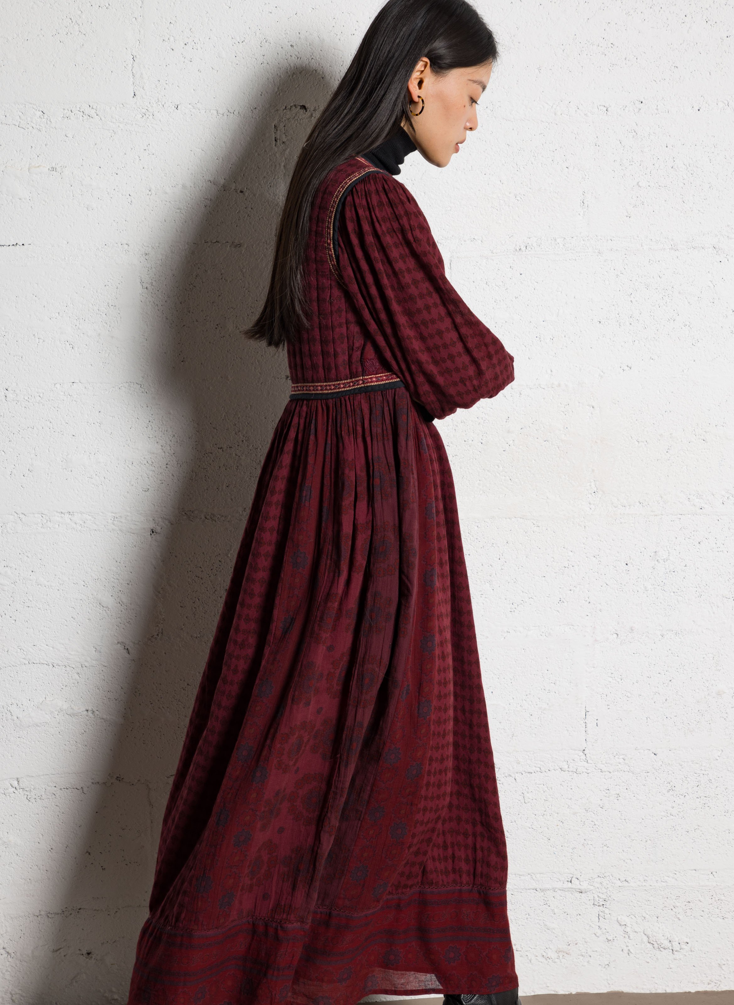 Long dress with Tunisian collar in floral pattern MAISON HOTEL Red