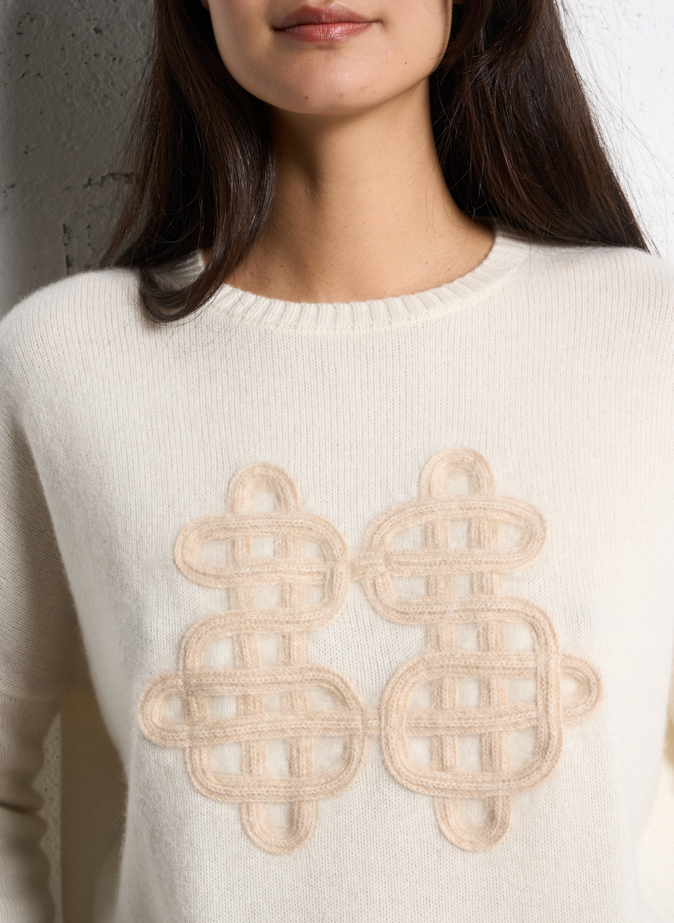 Pull ample col rond brodé en cachemire KUJTEN Beige