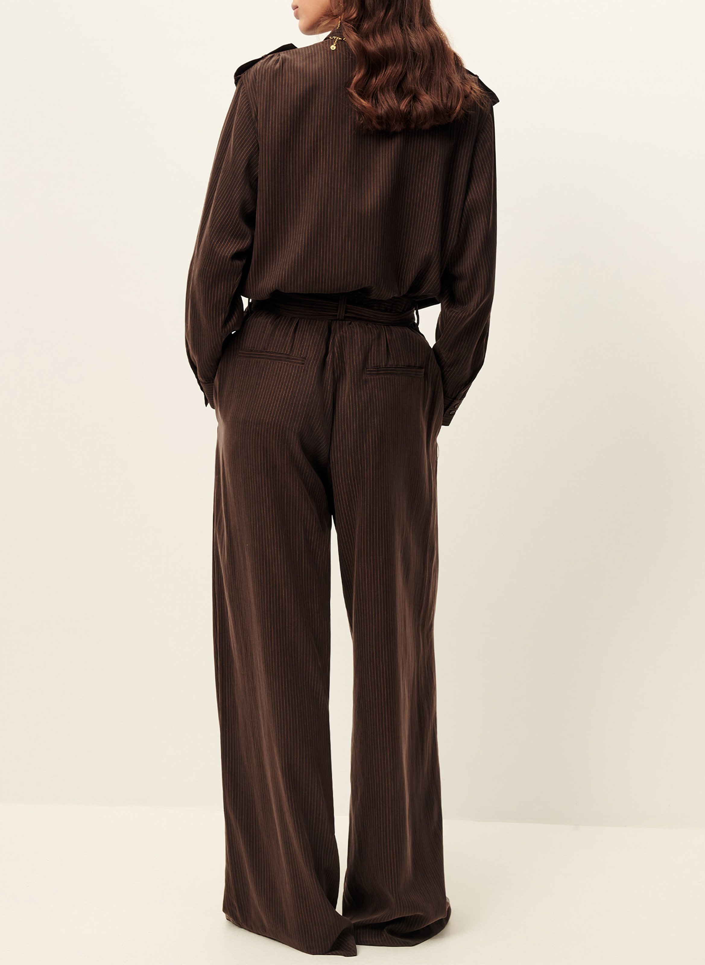 Pantalon large ceinturé rayé SESSUN Marron