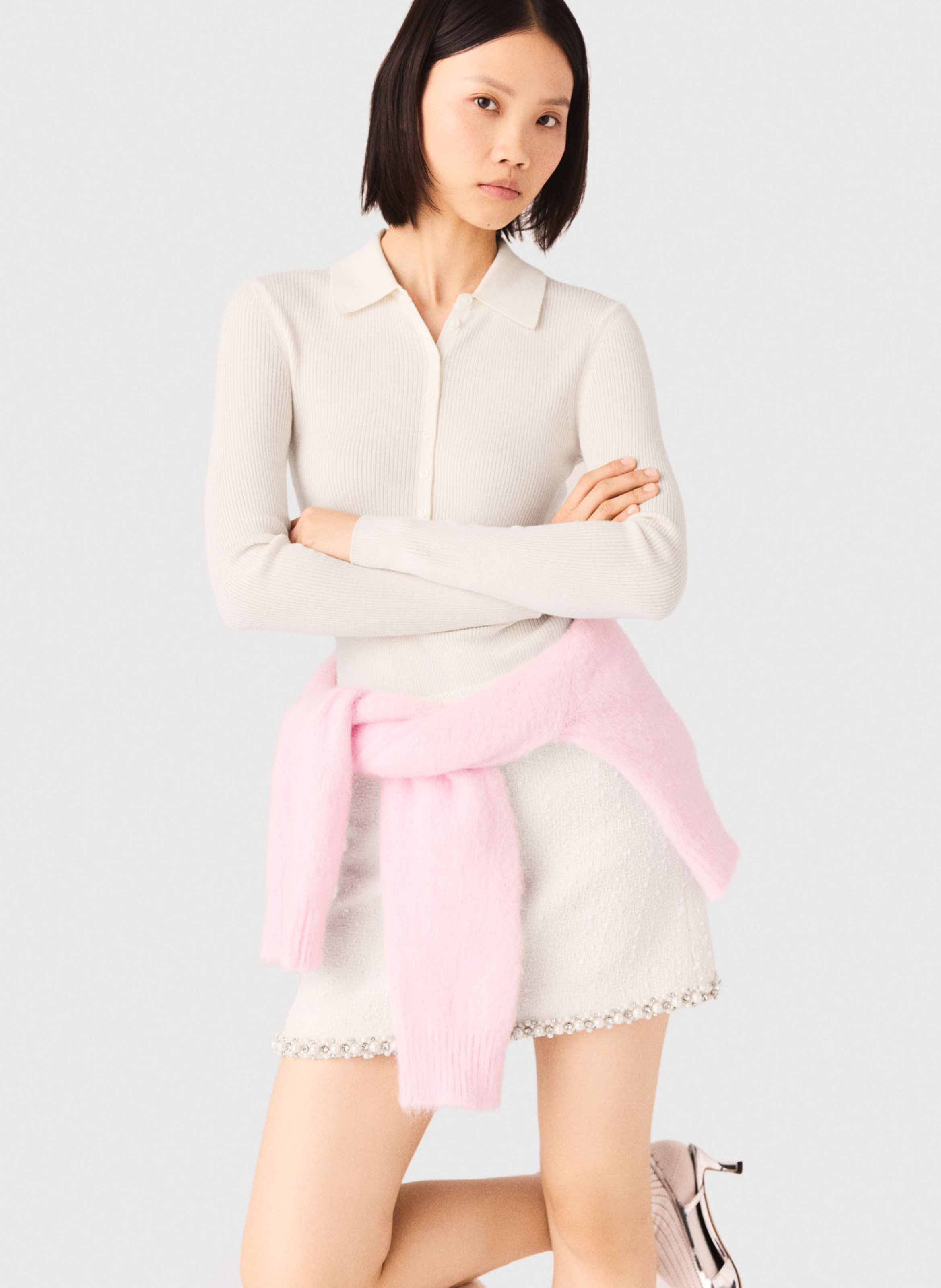 Pull col polo en laine et soie MAJE Beige