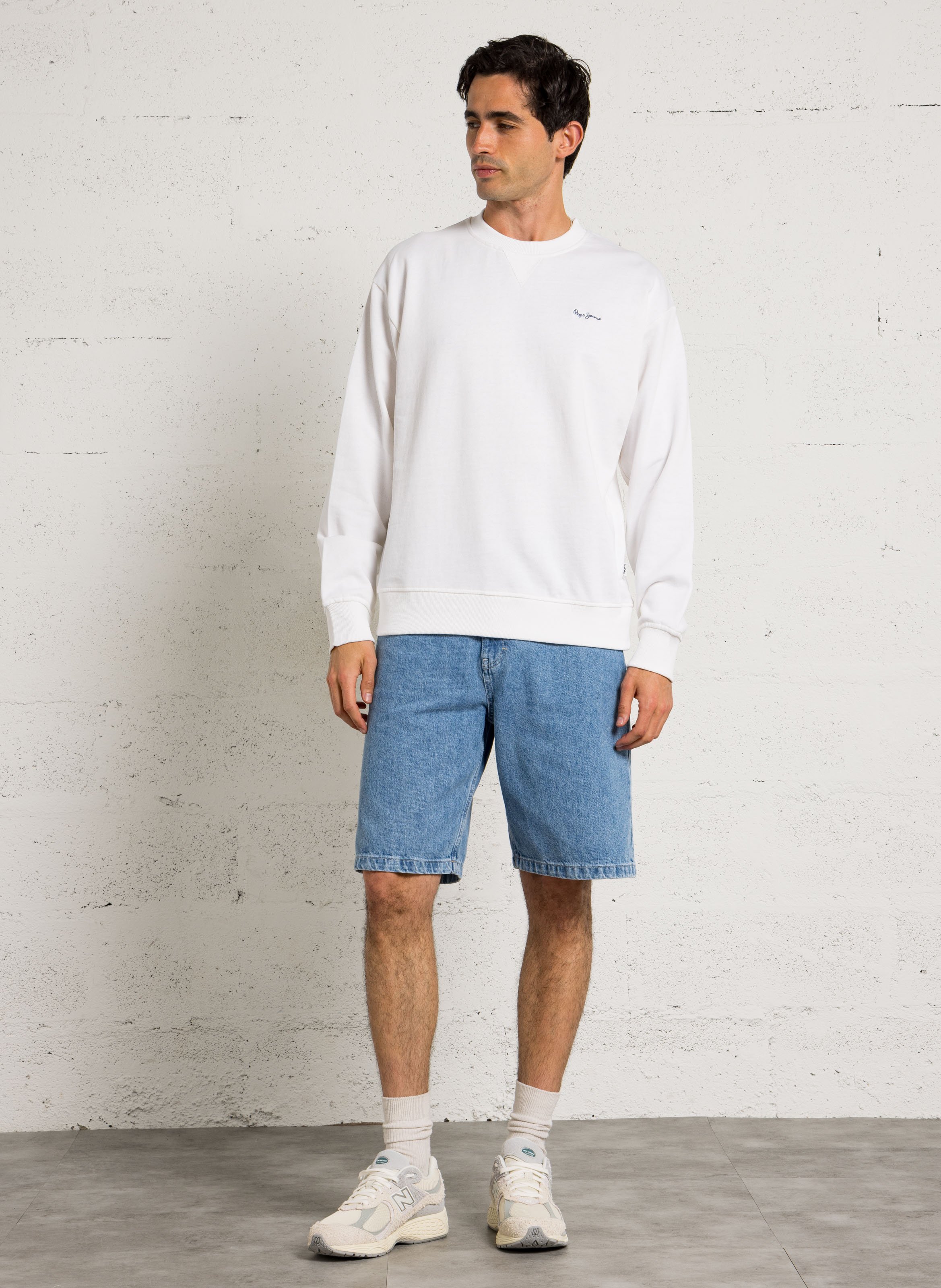 Sweat droit col rond brodé en coton PEPE JEANS Blanc