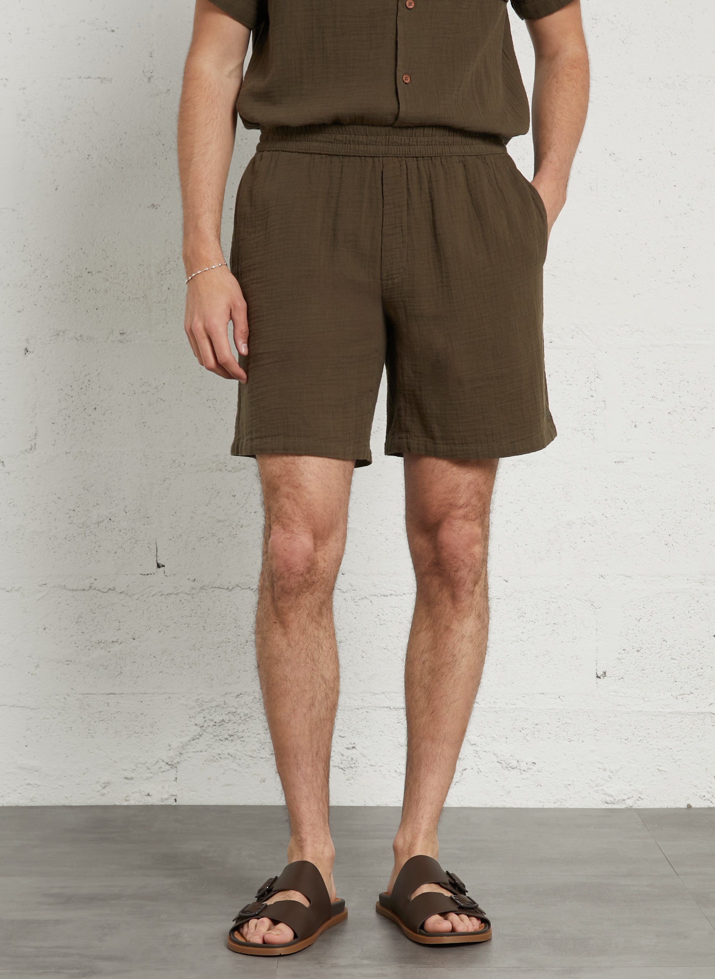 Short droit en gaze de coton SCHOTT Kaki