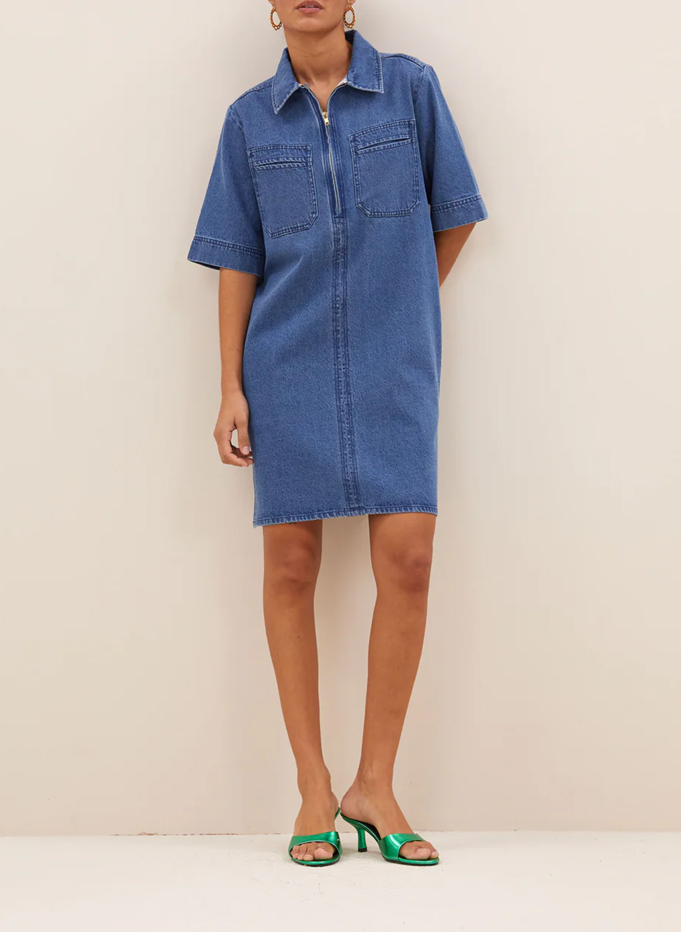 Korte jurk van katoen met klassieke kraag BY BAR Blauw