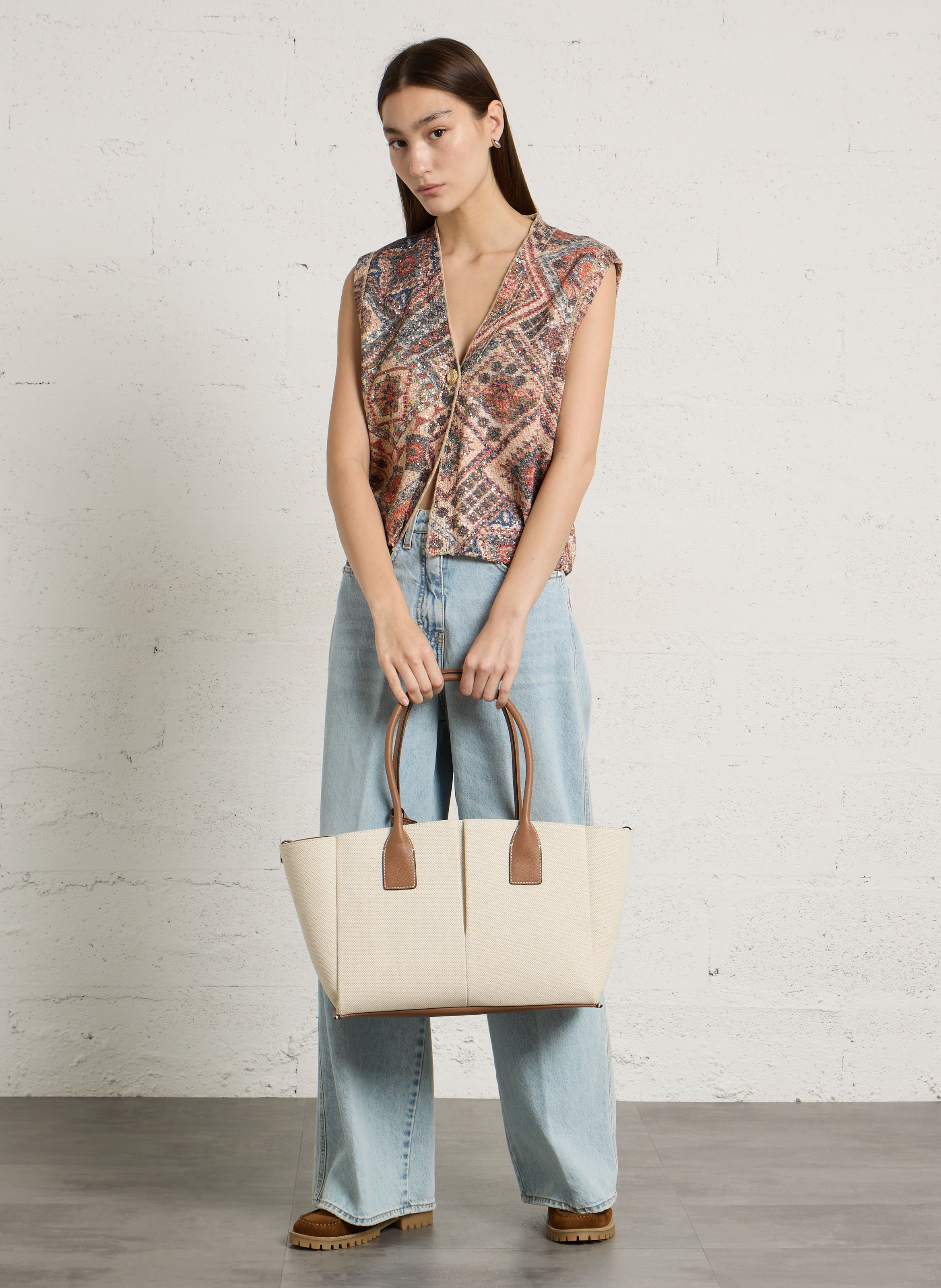 Large tote bag in canvas and grained leather LE TANNEUR Beige