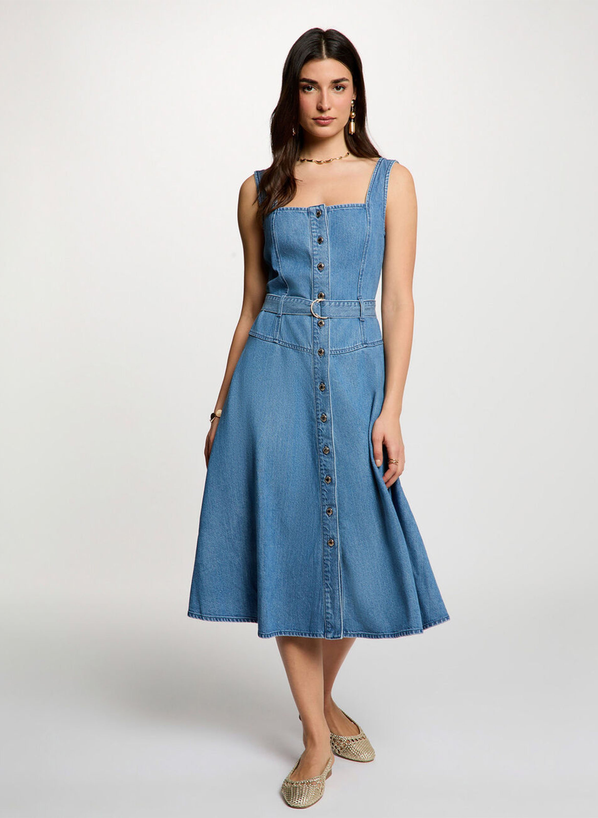 Flared midi denim dress MORGAN Blue
