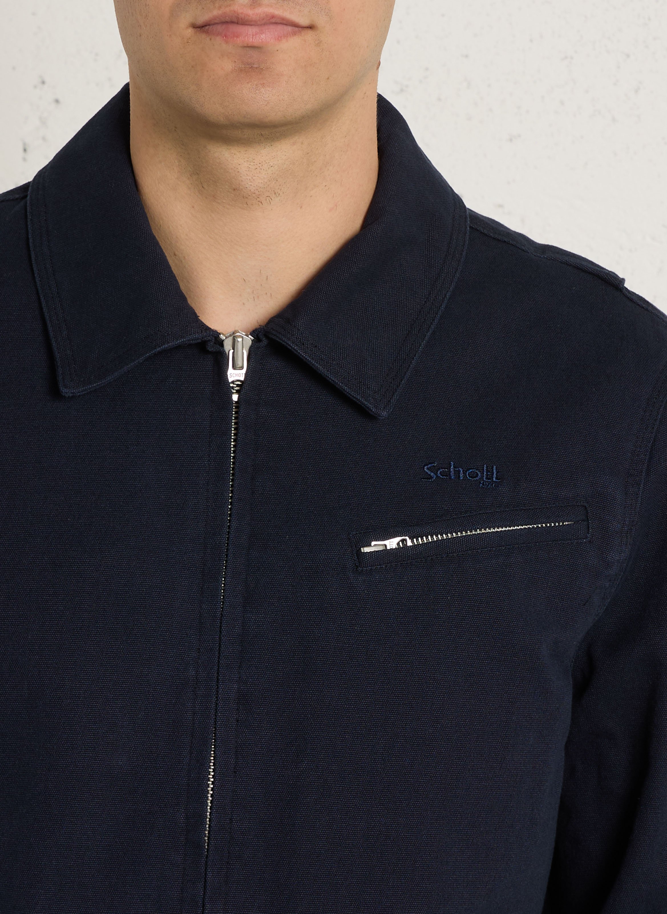 Blouson droit zippé uni en coton SCHOTT Bleu