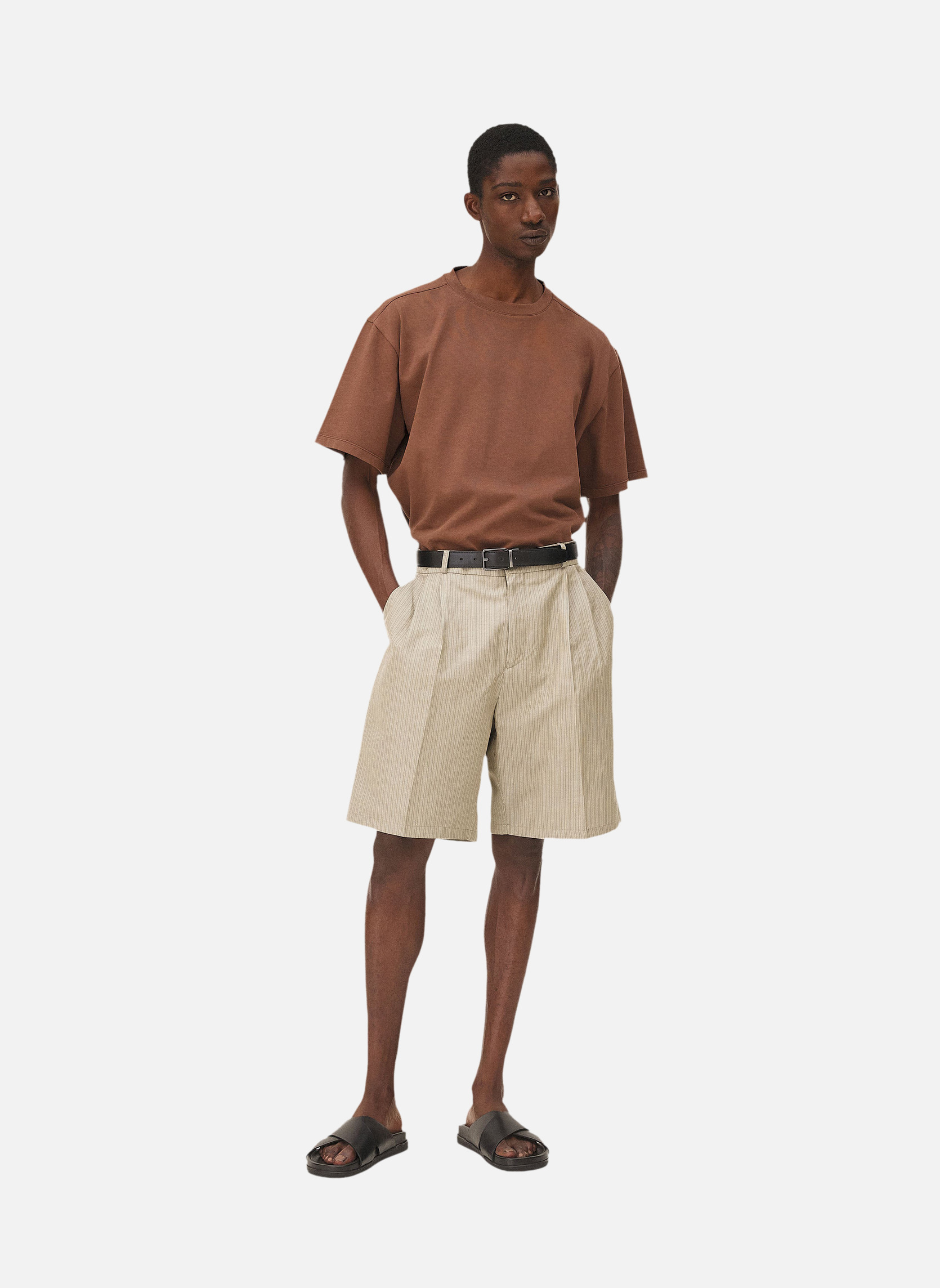 Pleated shorts in Como Beige Stripes Noyoco Beige