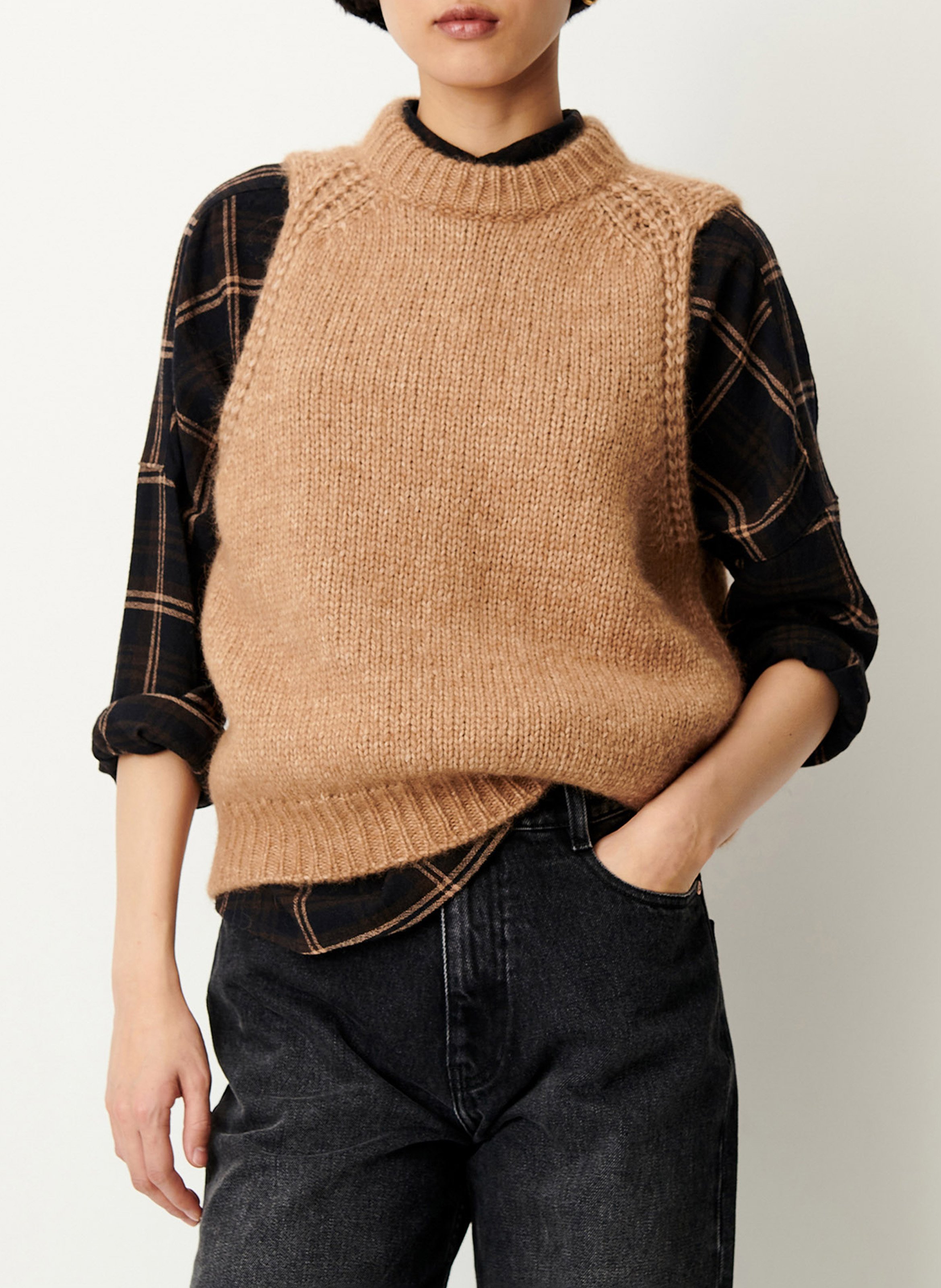Pull sans manches à col rond en laine mélangée SESSUN Beige