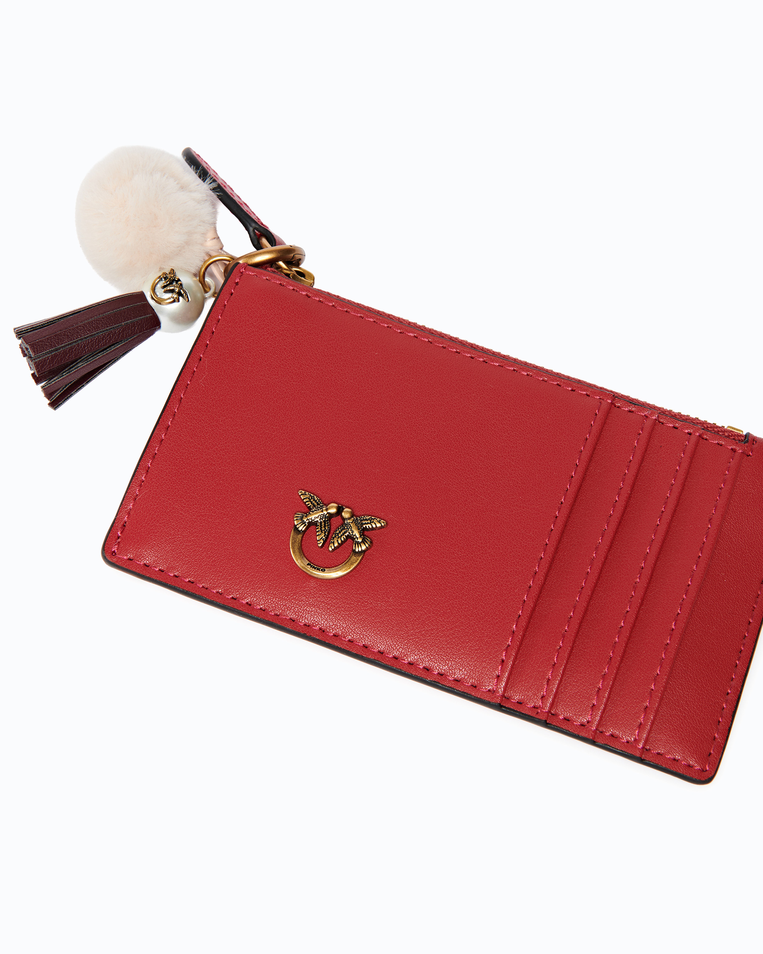 Leather card holder with pompom and tassel PINKO Multicolored