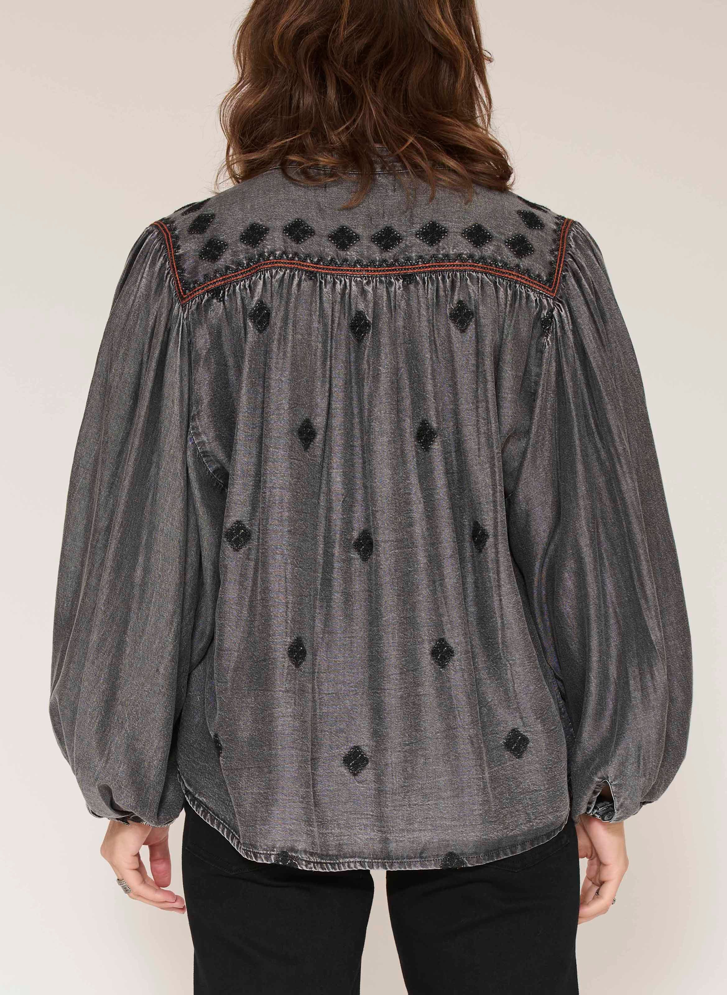 Denimbluse mit Rundhalsausschnitt und Stickereien MKT Grau