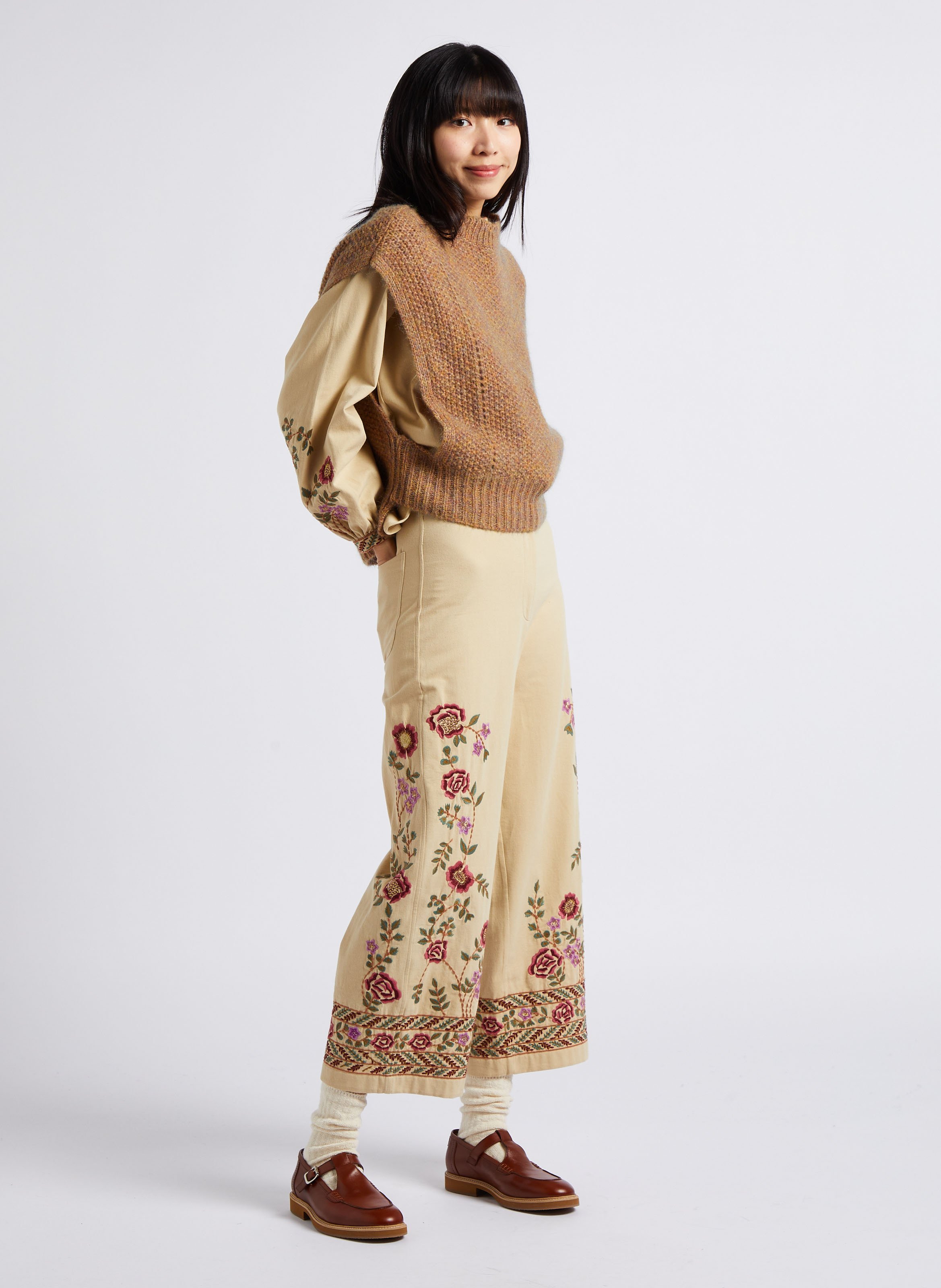 Pantalon large taille haute brodé en coton bio LOUISE MISHA Marron