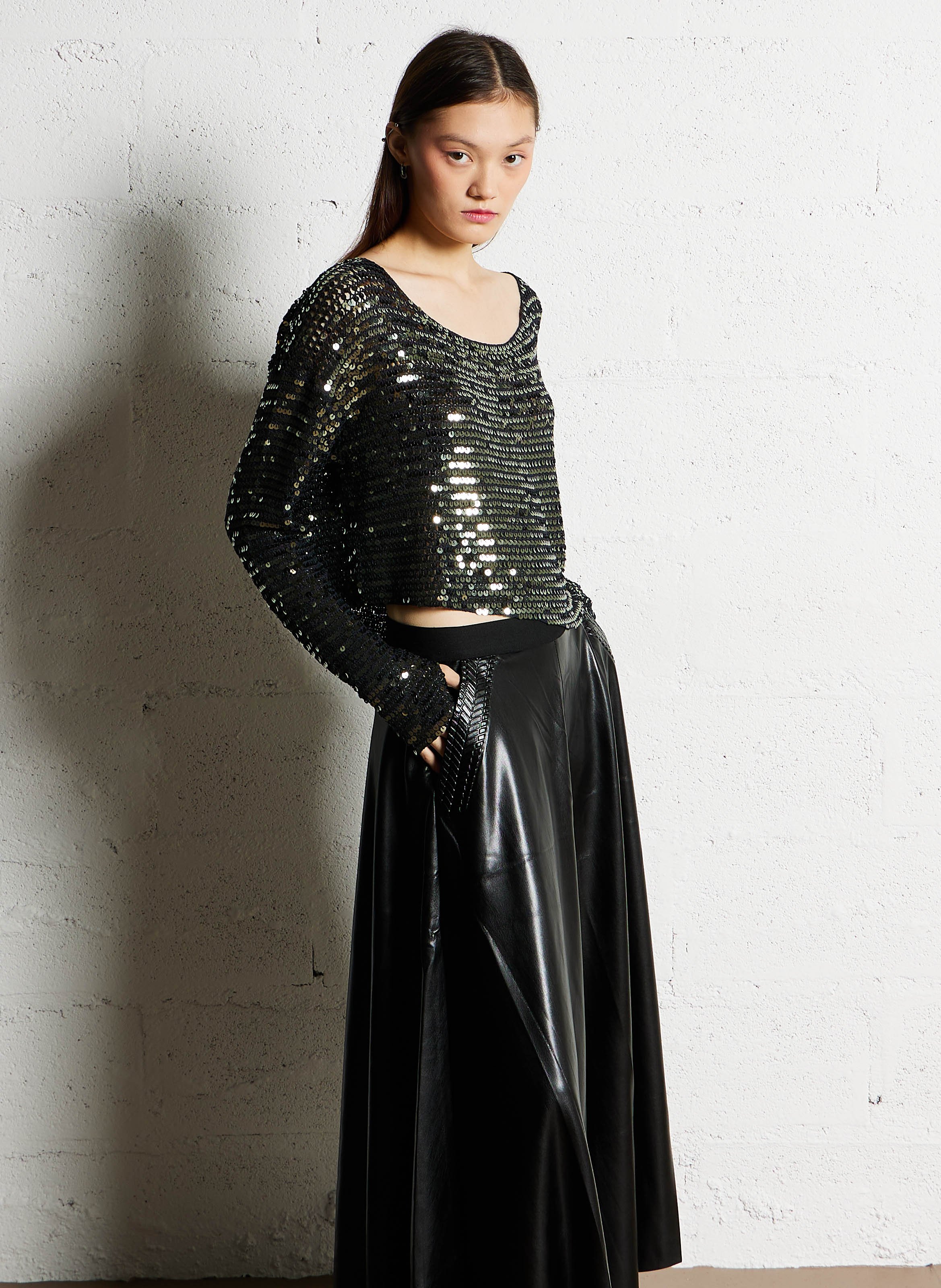 Sequin boat neck top MES DEMOISELLES Grey