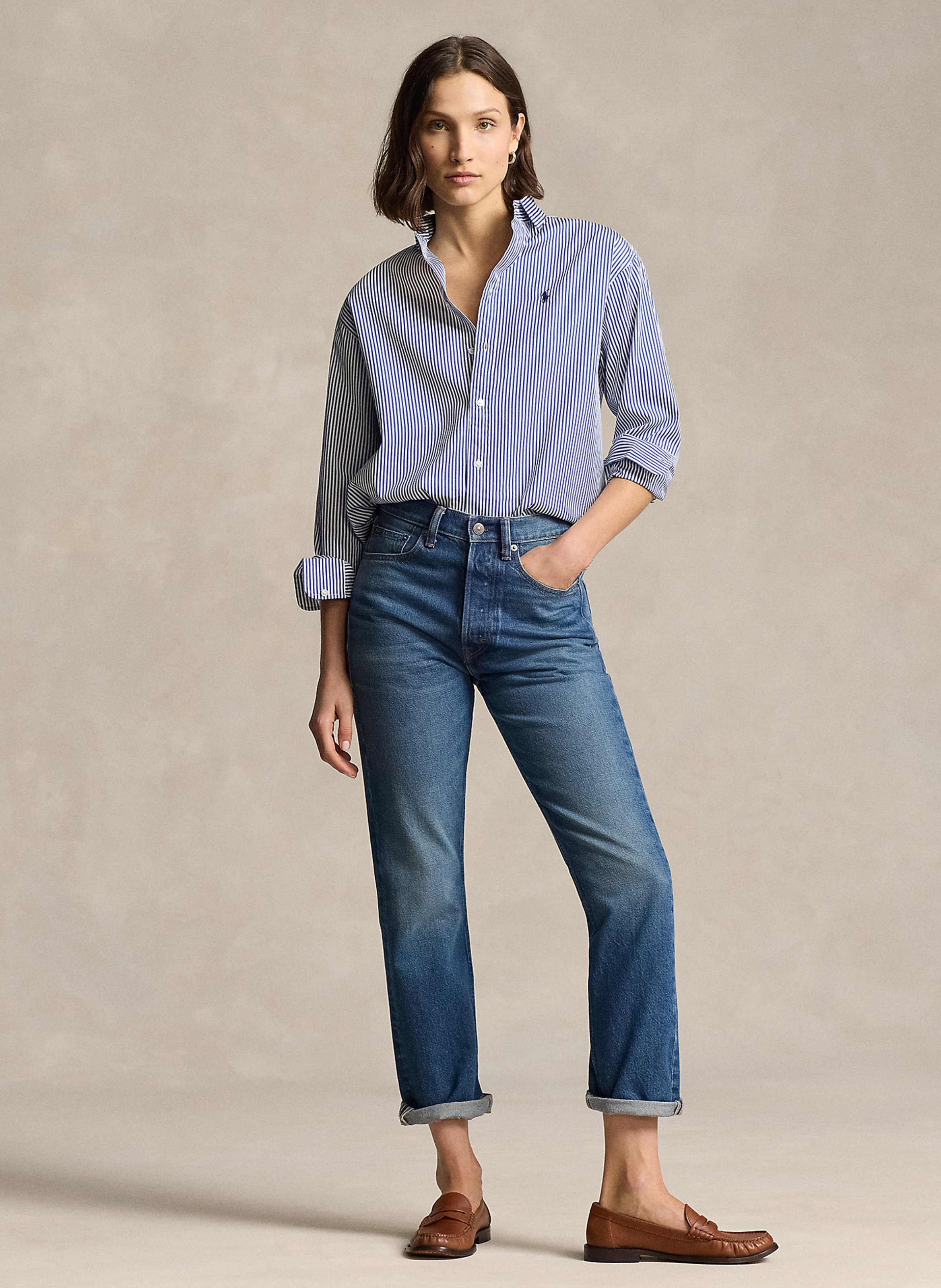 Chemise droite col polo en coton rayé Bleu