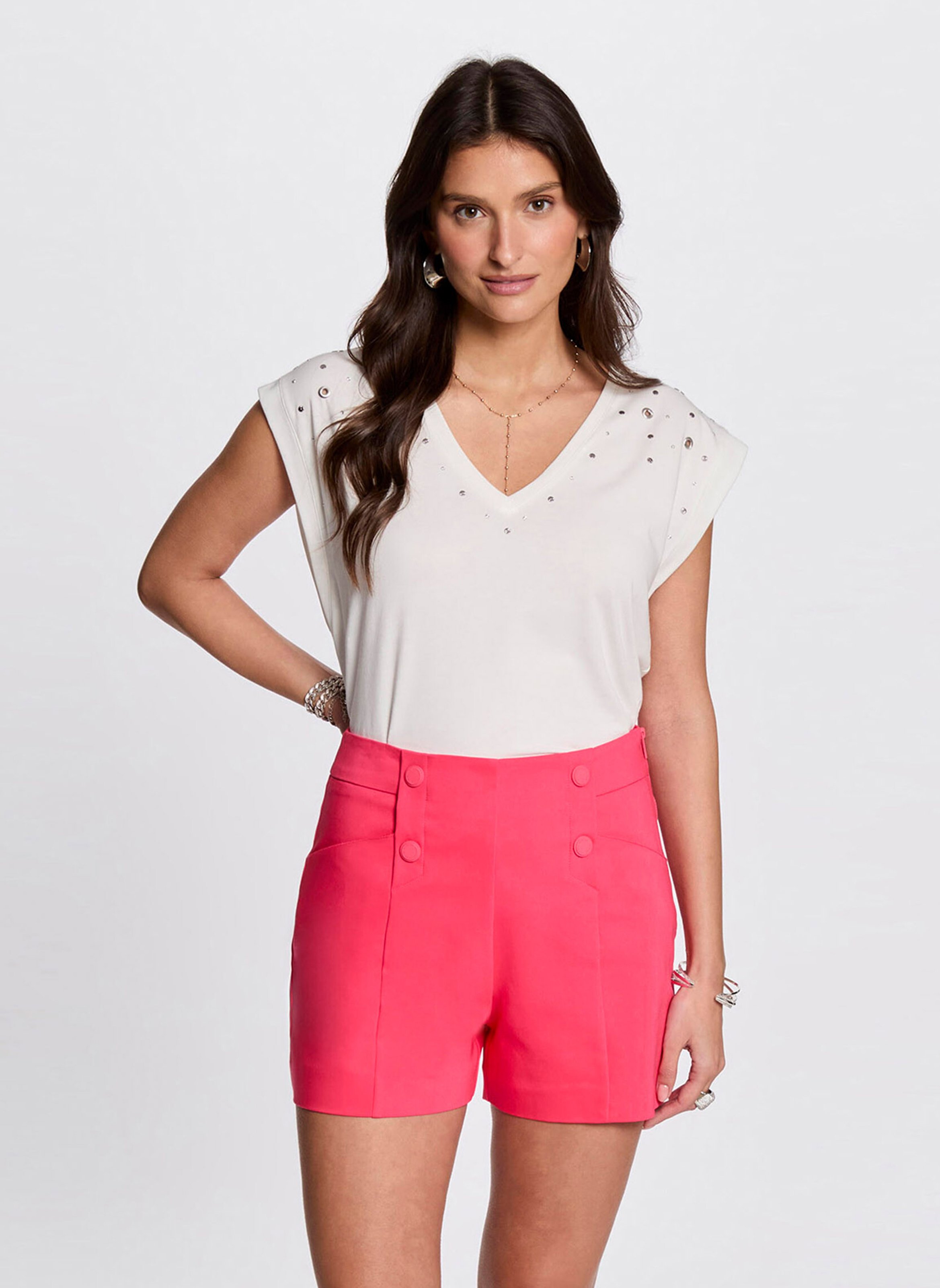 Tee-shirt col v en coton mélangé  MORGAN Blanc