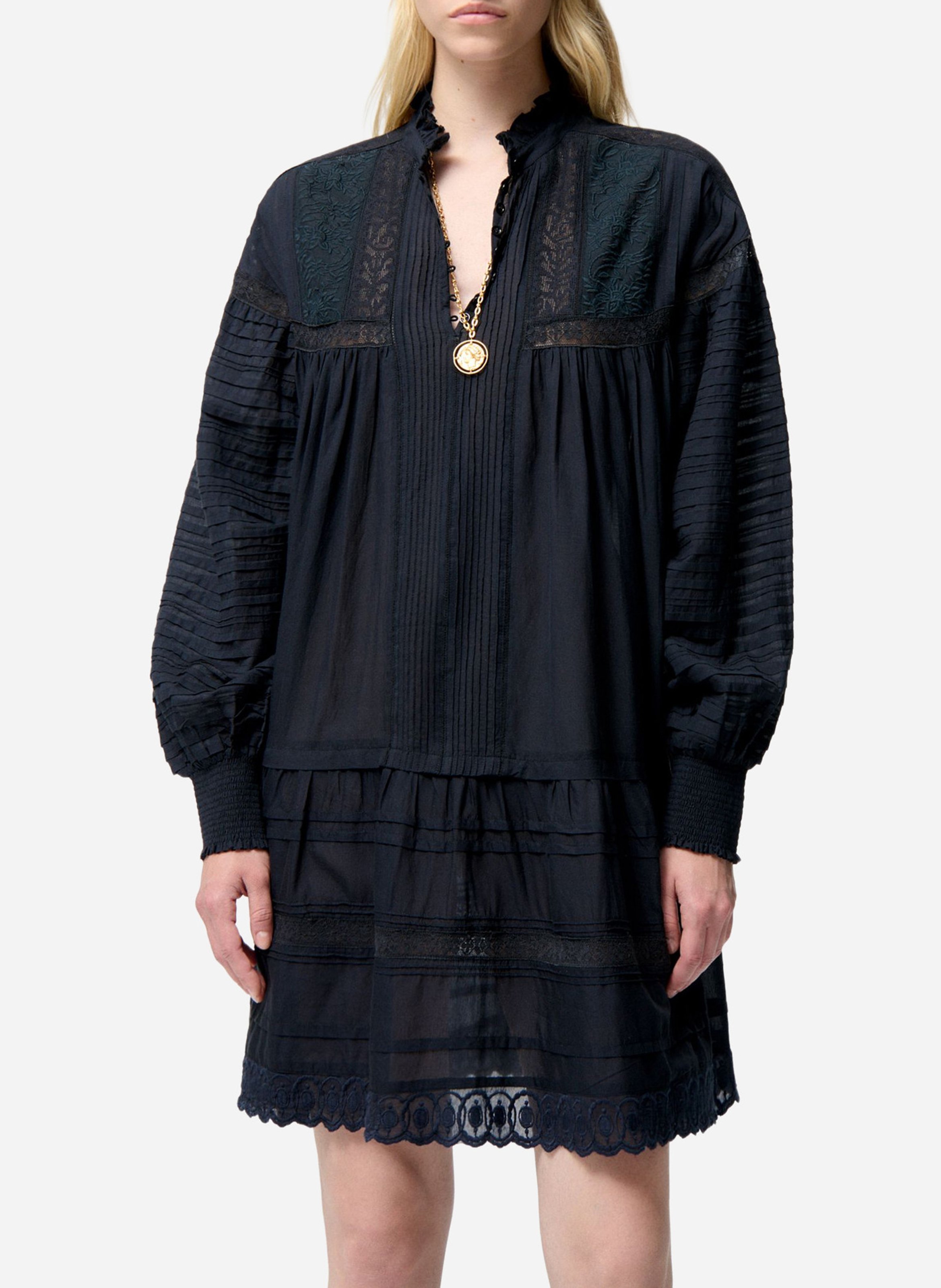 Korte A-lijn jurk met borduurwerk van katoenmix VANESSA BRUNO Zwart