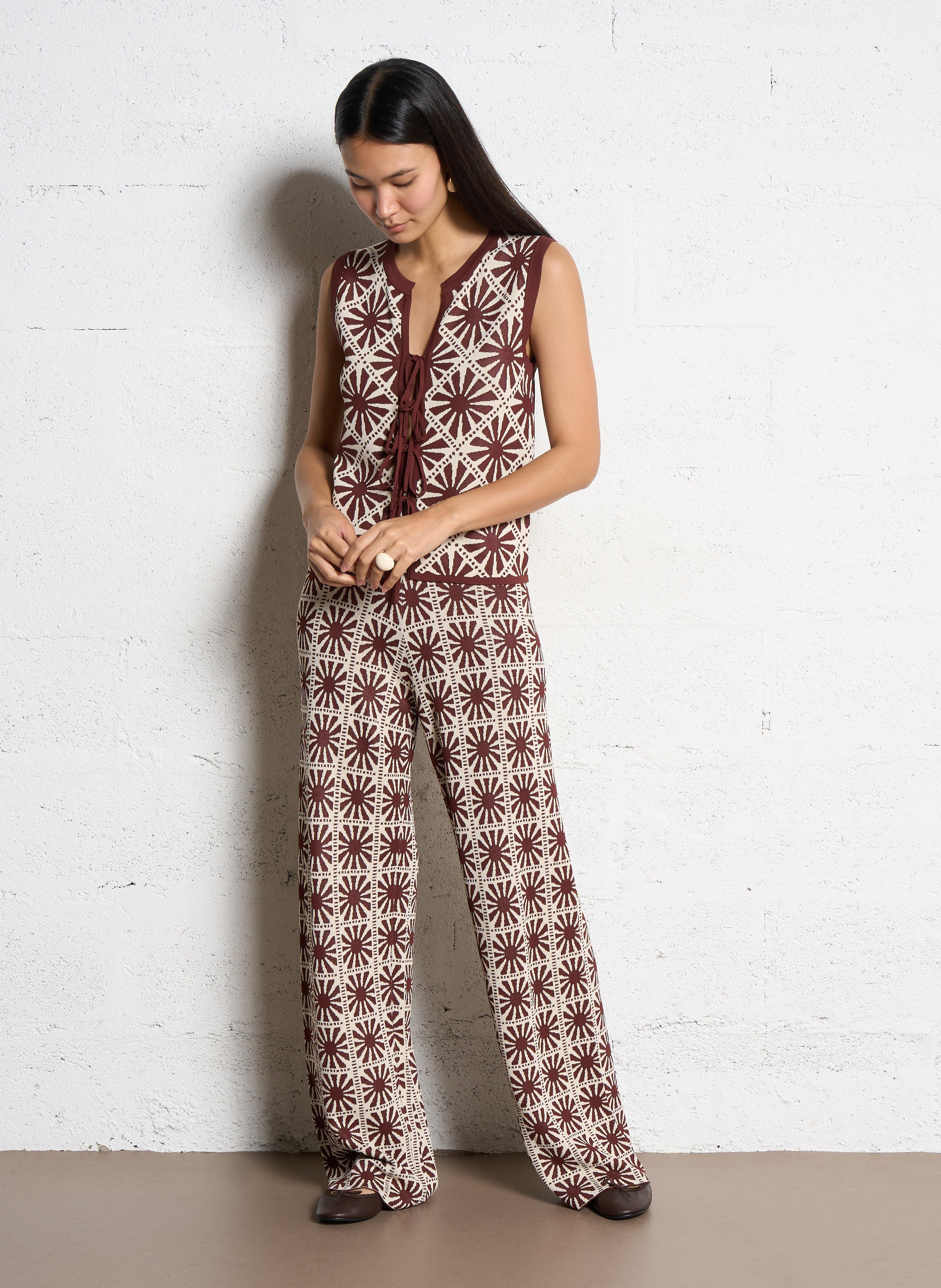 Pantalon jacquard taille haute SUNCOO Marron