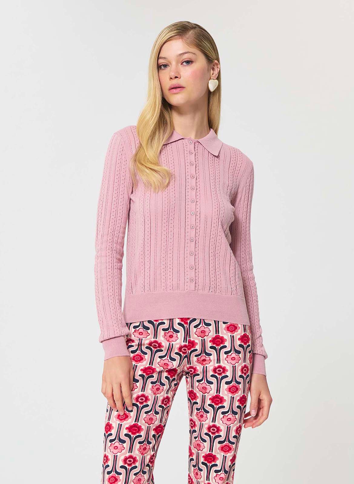 Rechte polo trui van katoen en zijde TARA JARMON Roze