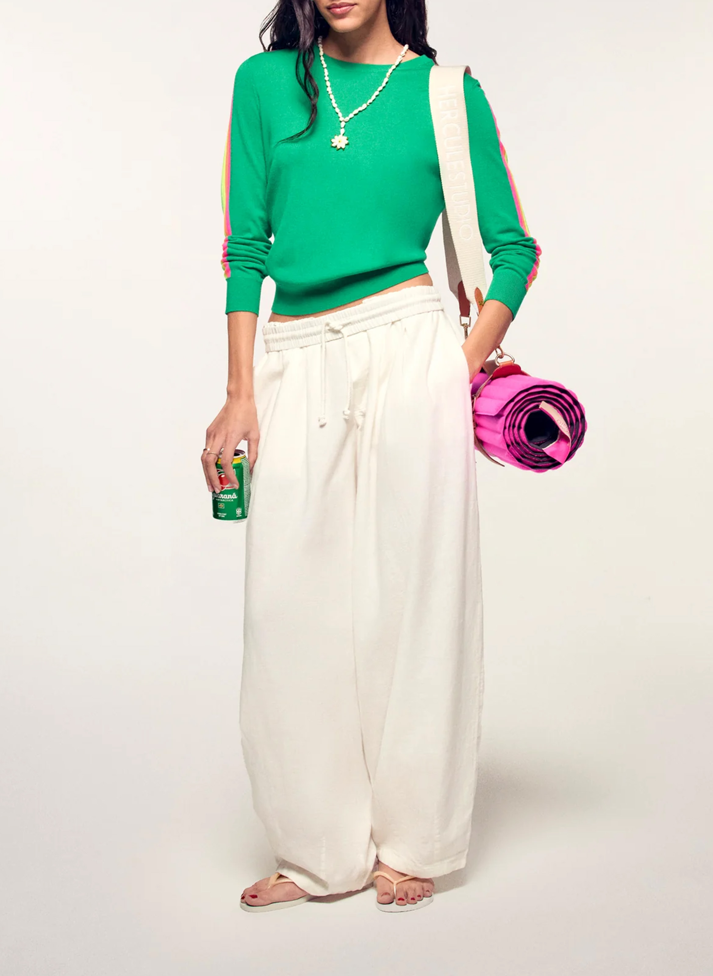 Round neck straight striped merino wool sweater Green