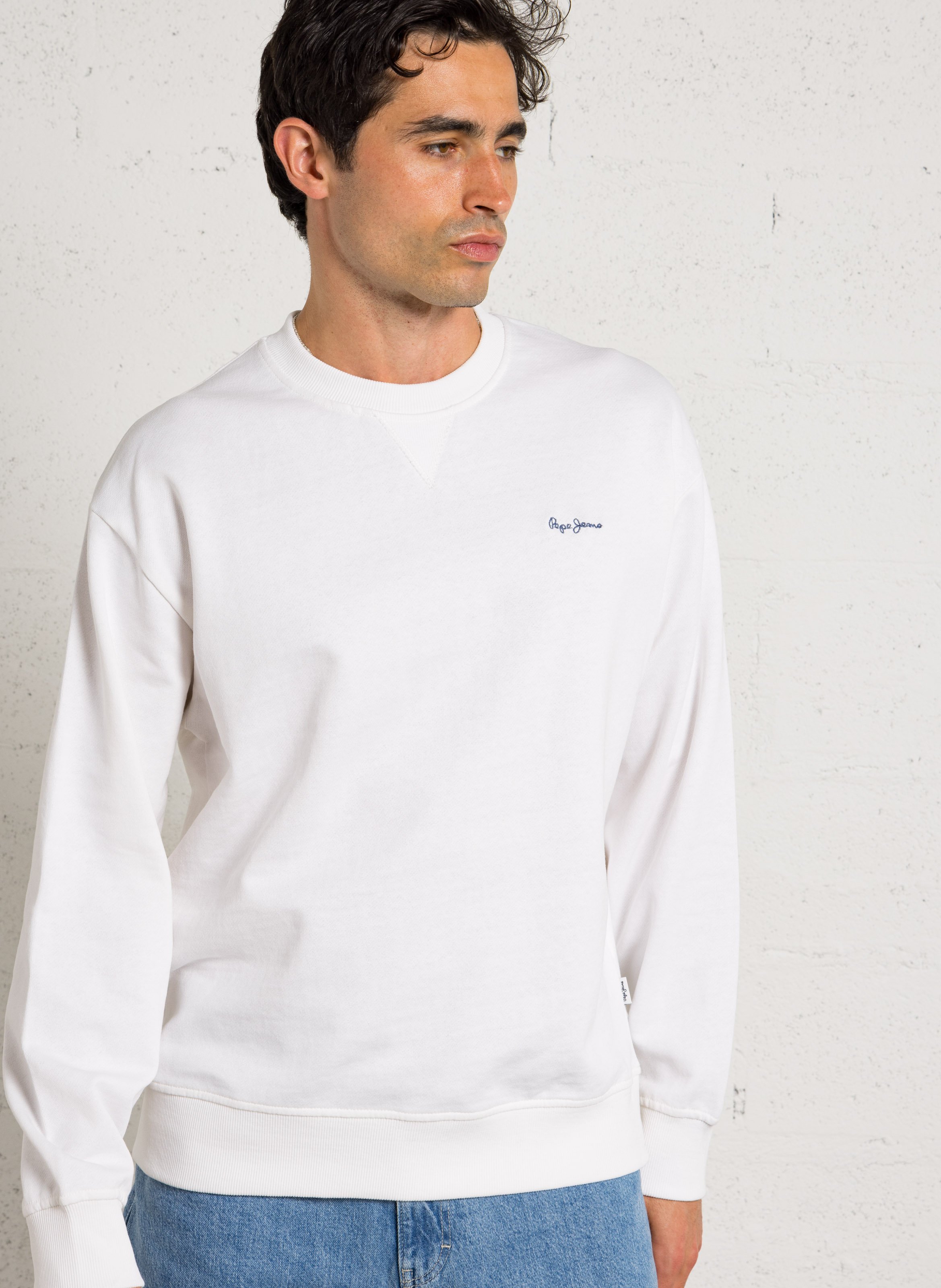 Sweat droit col rond brodé en coton PEPE JEANS Blanc